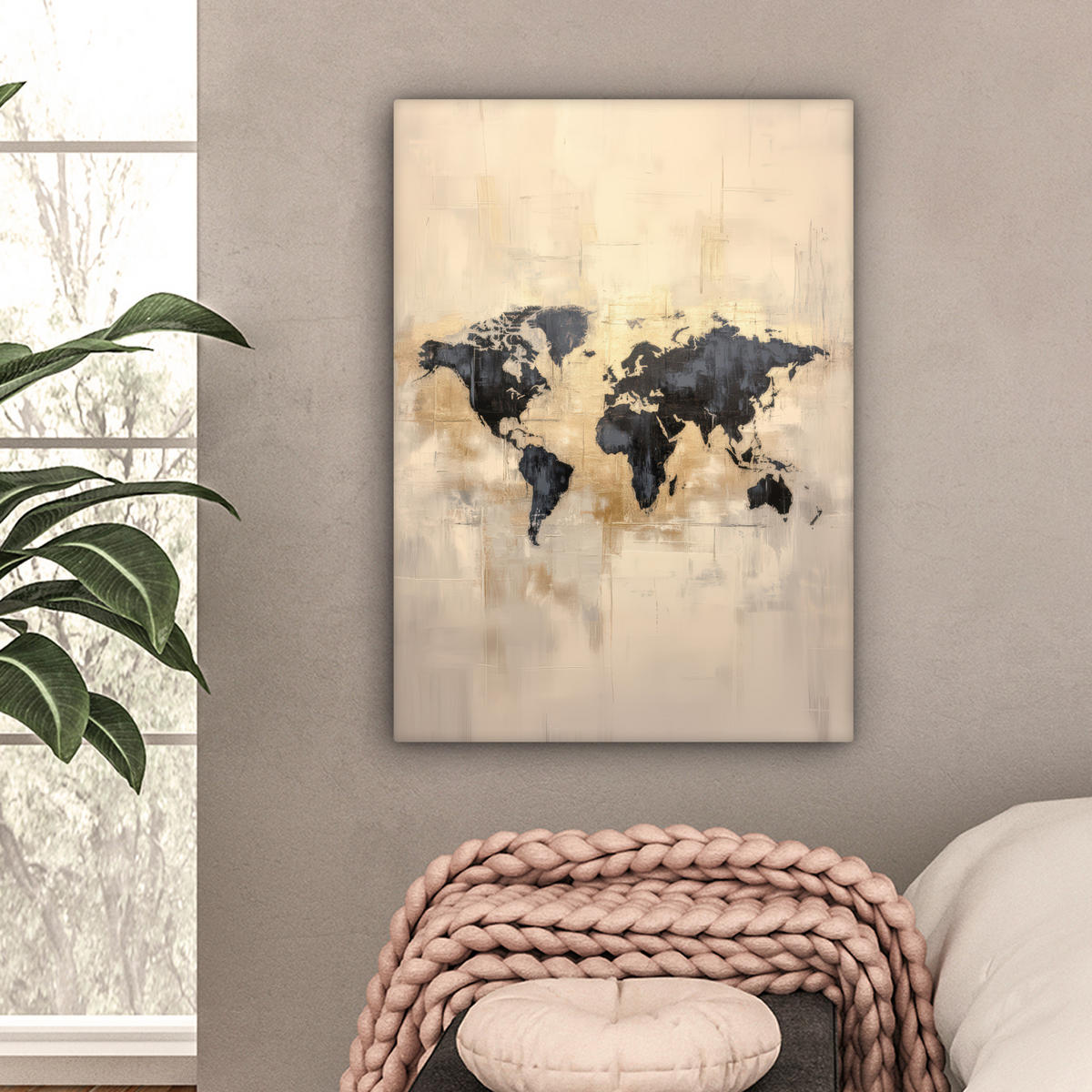 LEINWANDBILD Weltkarte - Gold - Schwarz - Abstrakt 60x80 cm - Kupferfarben, Textil (60/80cm) - MuchoWow