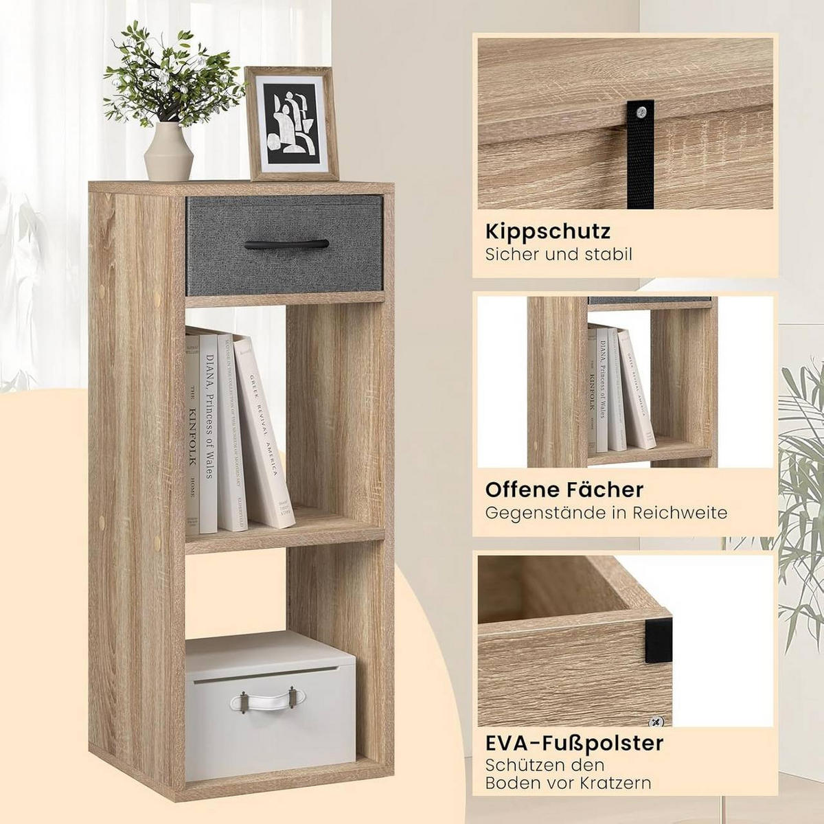 BÜCHERREGAL mit 3 Ebenen, 32.4x80x30 cm, Helle Eiche - Eichefarben, Holzwerkstoff/Textil (32.4/80/30cm) - Woltu