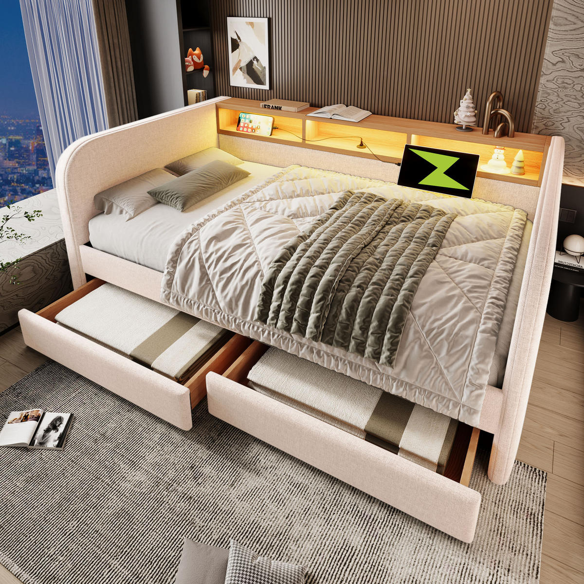 POLSTERBETT 140/190 cm Hellbeige mit LED und USB-C-Anschlüssen - Beige, Textil (140/190cm) - OKWISH