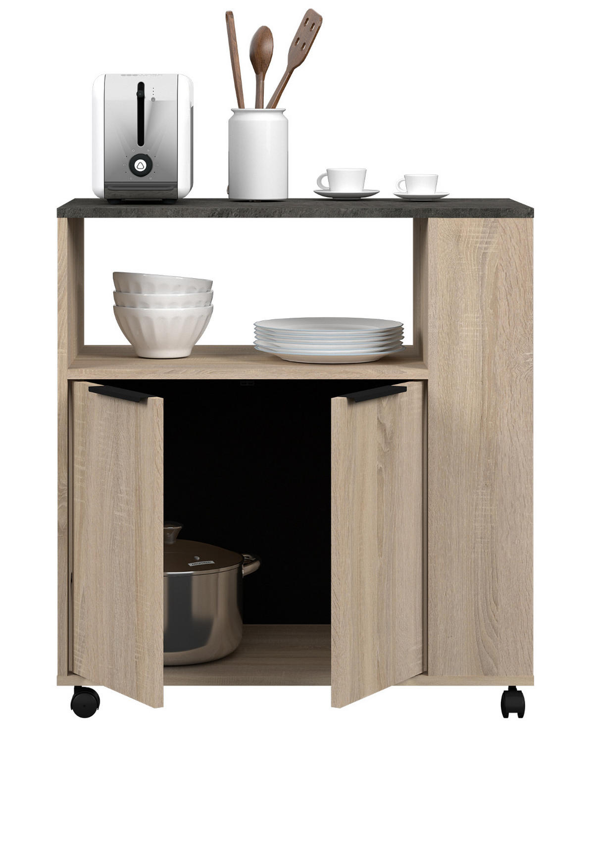 GESCHIRRSCHRANK Set 2-tlg Eiche, grau mit Buffet und Mehrzweckschrank - Eichefarben/Multicolor, Holzwerkstoff/Metall (175/184/45cm) - Parisot Meuble