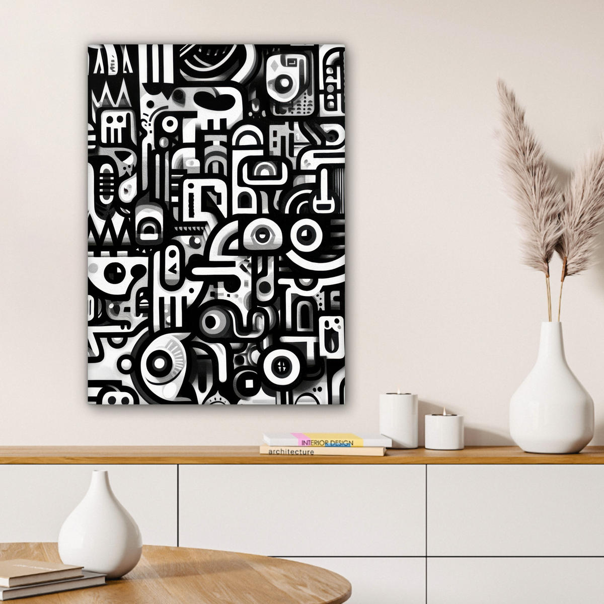 LEINWANDBILD Symbole - Abstrakt - Grafik - Schwarz Wandbild Wohnzimmer 60x80 cm - Schwarz, Textil (60/80cm) - MuchoWow