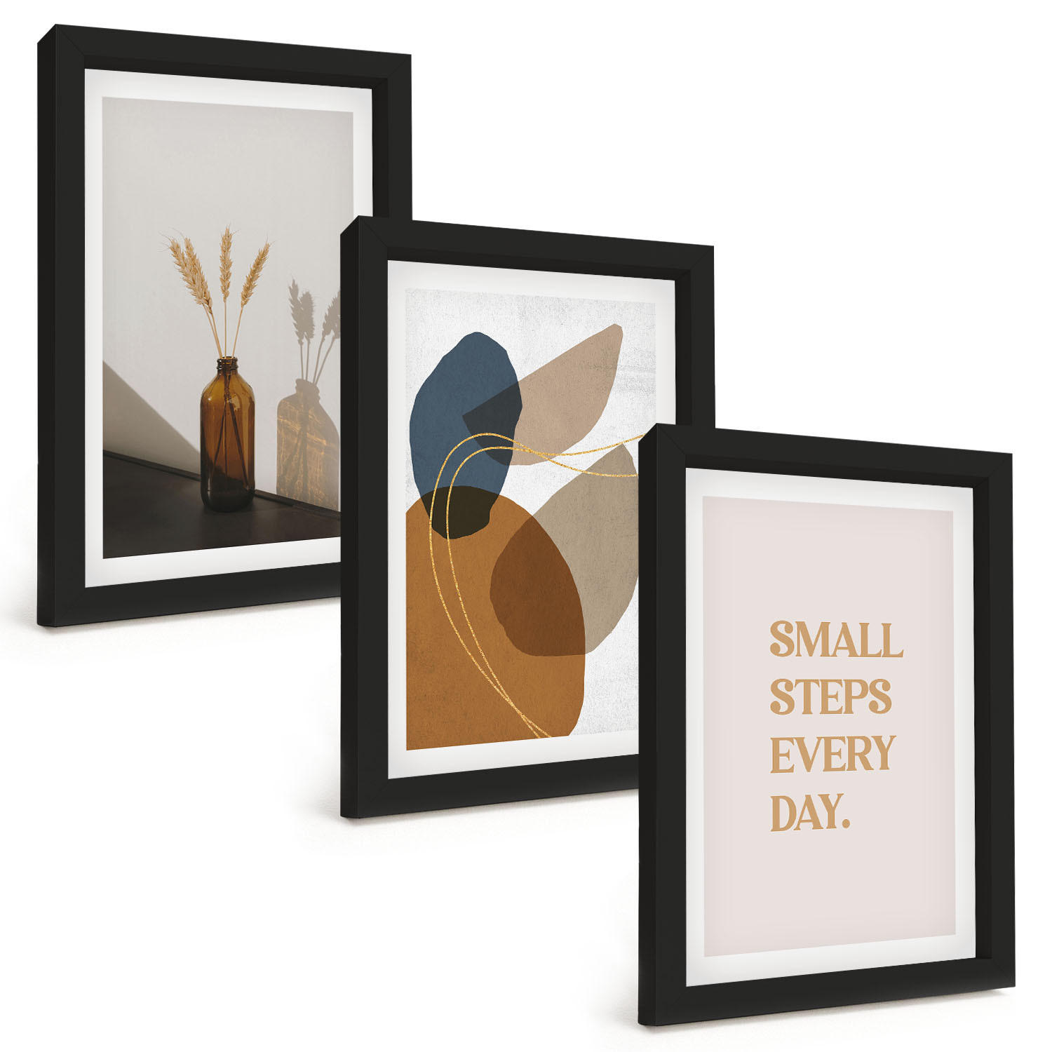 BILDER SET 3er Set - 20x30 cm Schwarzer Rahmen - Set abstrakter Formen - Schwarz, Kunststoff (20/30cm) - TULUP