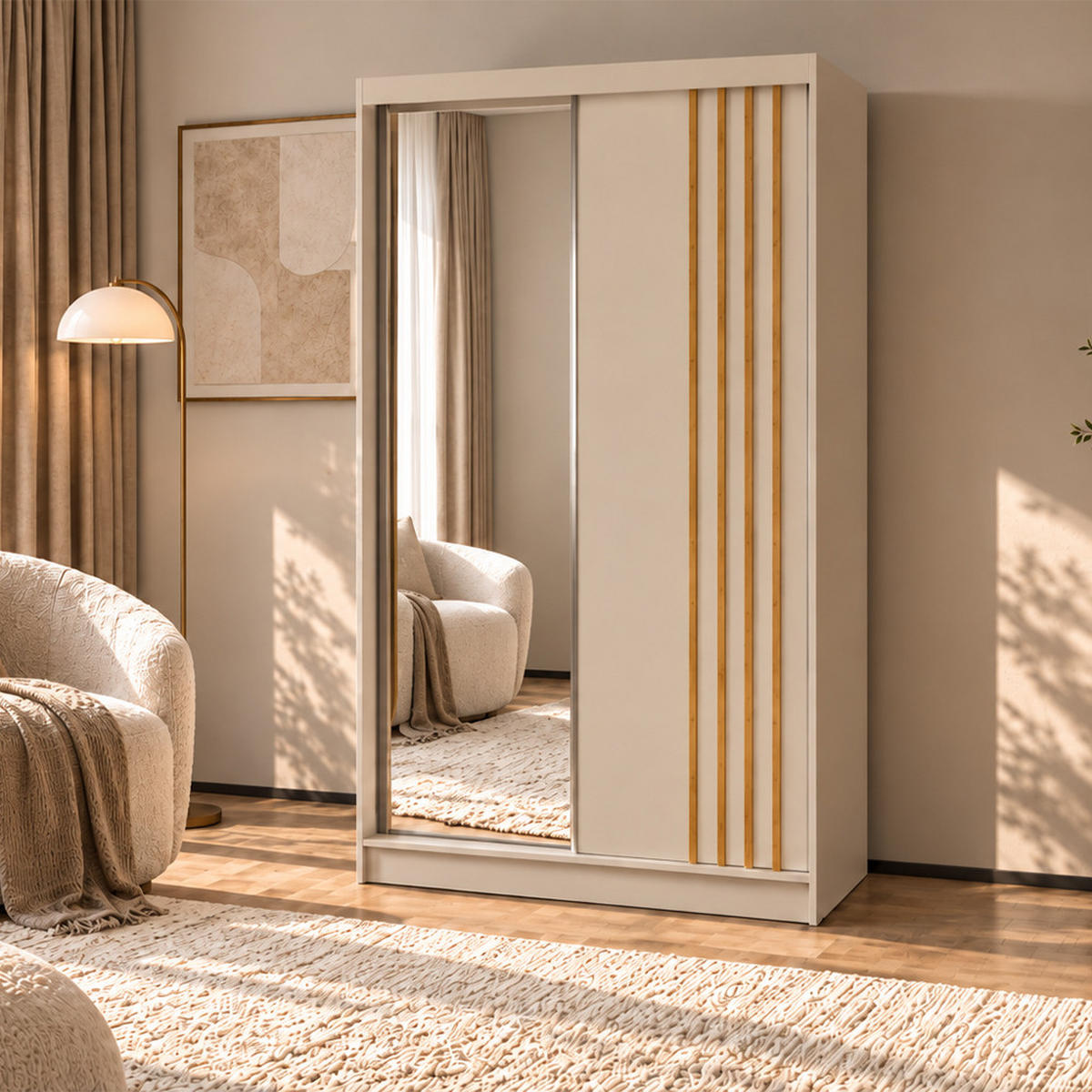 KLEIDERSCHRANK Nila 120 cm Kaschmir Spiegel 2 Schubladen Griffe silber - Kaschmir, Holzwerkstoff (120/216/61cm) - KS Home Concept