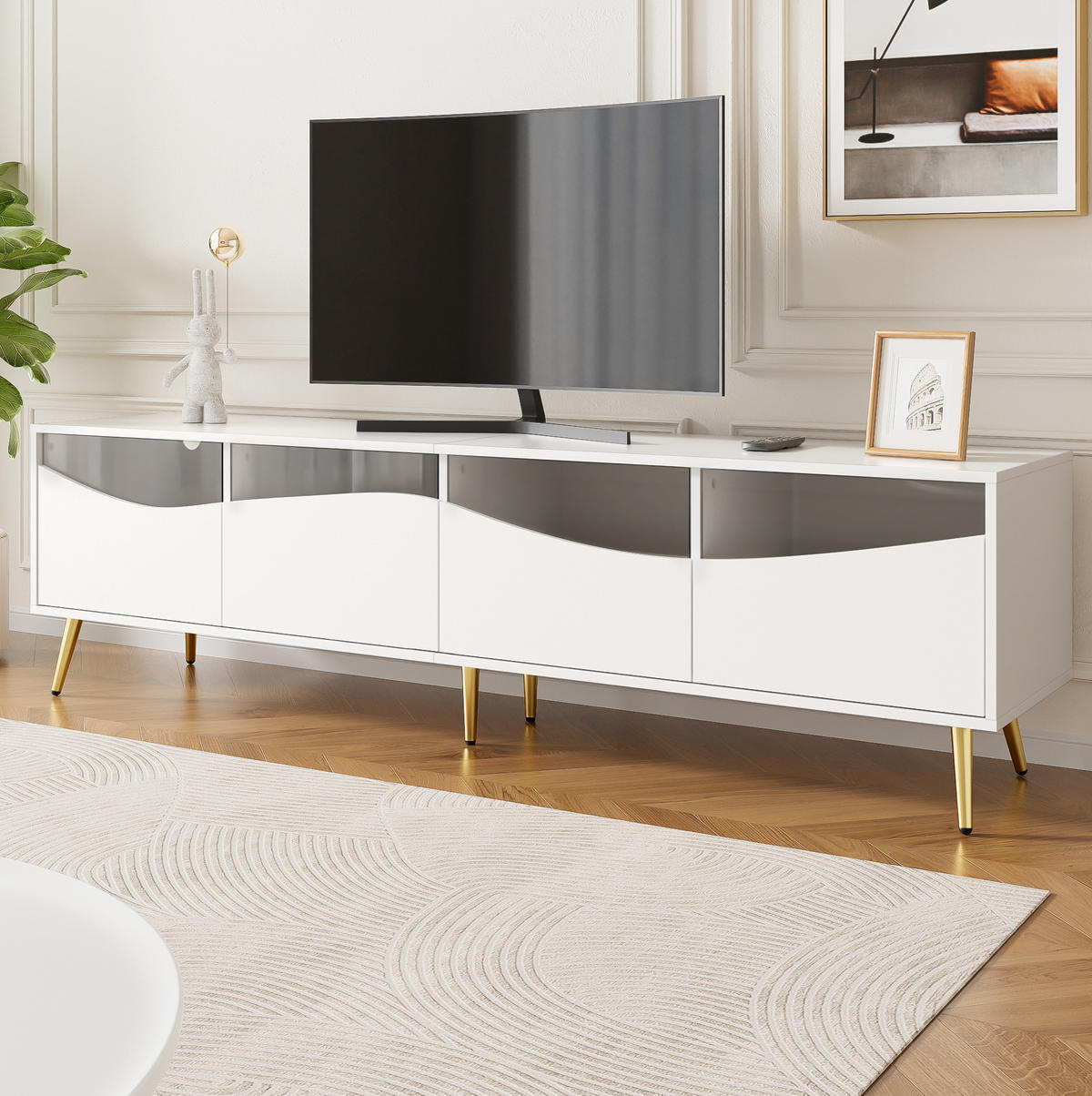 LOWBOARD 180/40/50 cm aus MDF mit LED-Beleuchtung, Glasfront und goldfarbenen Metallfüßen Weiß - Weiß, Holzwerkstoff (180/50/40cm) - Modenvie