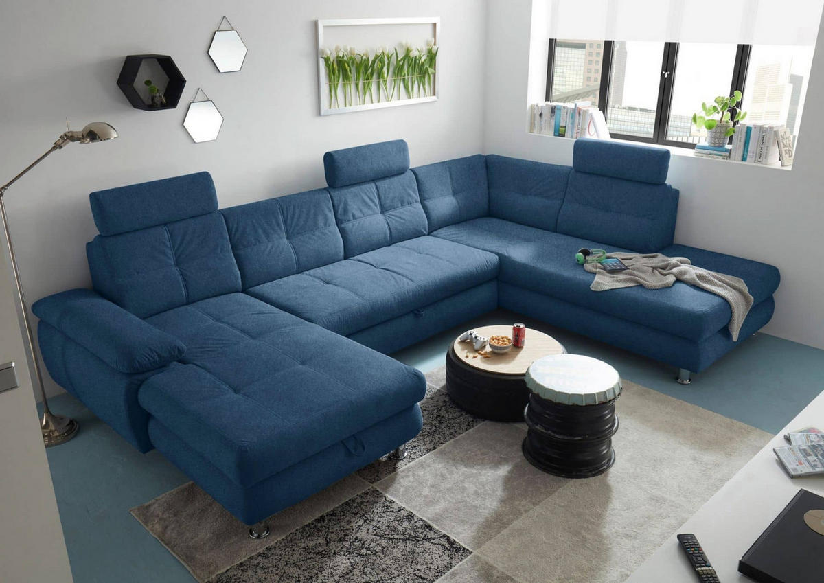 WOHNLANDSCHAFT mit Schlaffunktion, Bettkasten und verstellbaren Arm- und Kopflehnen - Chromfarben/Blau, Textil/Metall (233/88/349cm) - ed exciting design