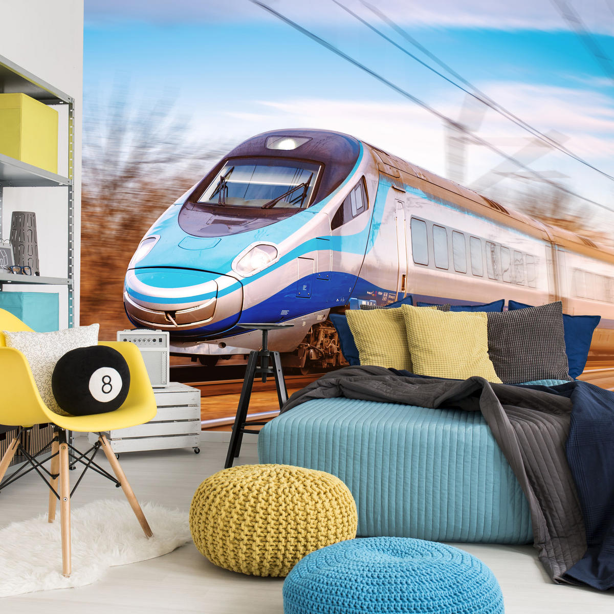 FOTOTAPETE für Wohnzimmer Moderner Zug Eisenbahnschienen 200x140 - Blau/Schwarz, Papier (200/140cm) - Muralo