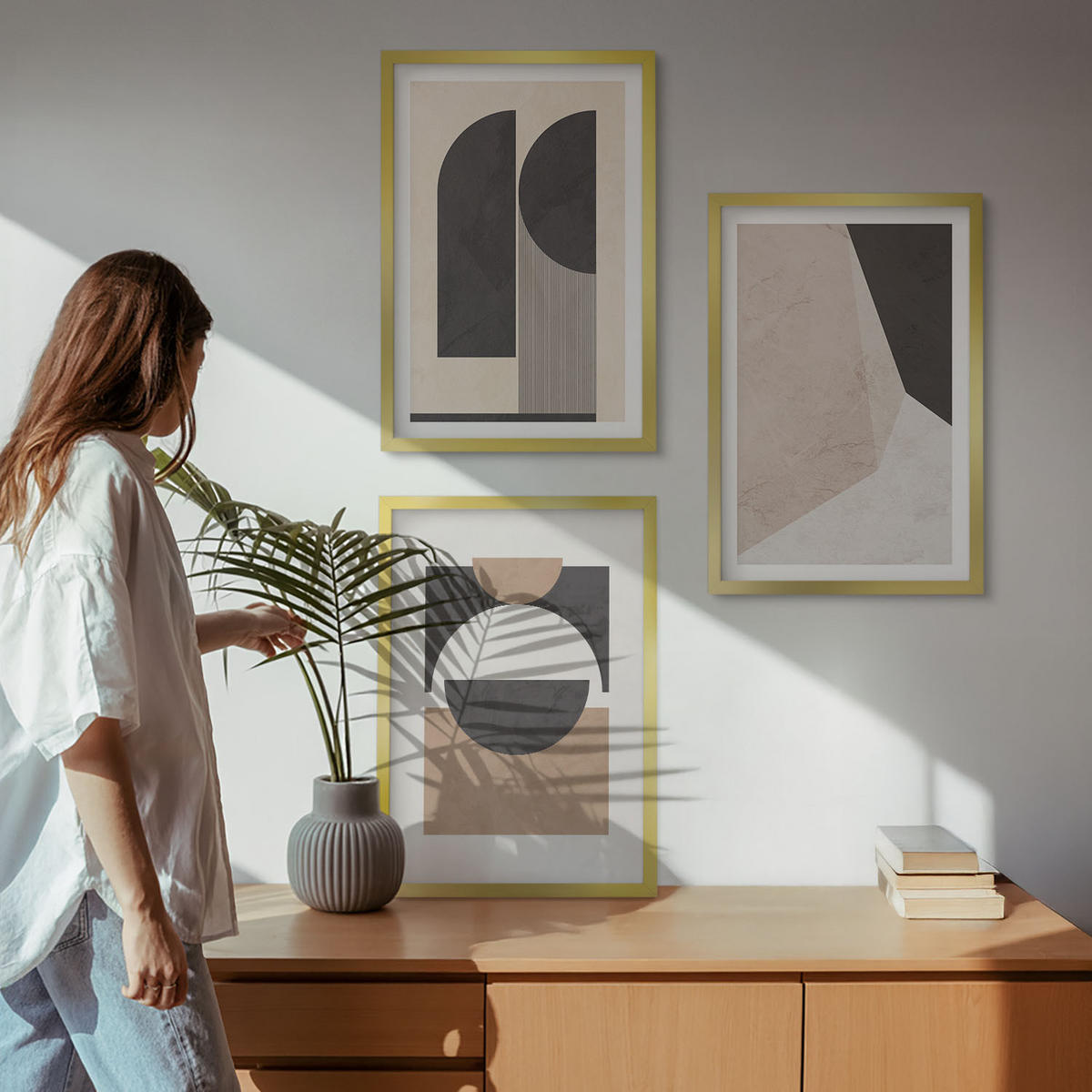 BILDER SET 3er Set - 40x60 cm Goldrahmen - Abstrakte Formen beige braun - Goldfarben, Kunststoff (40/60cm) - TULUP