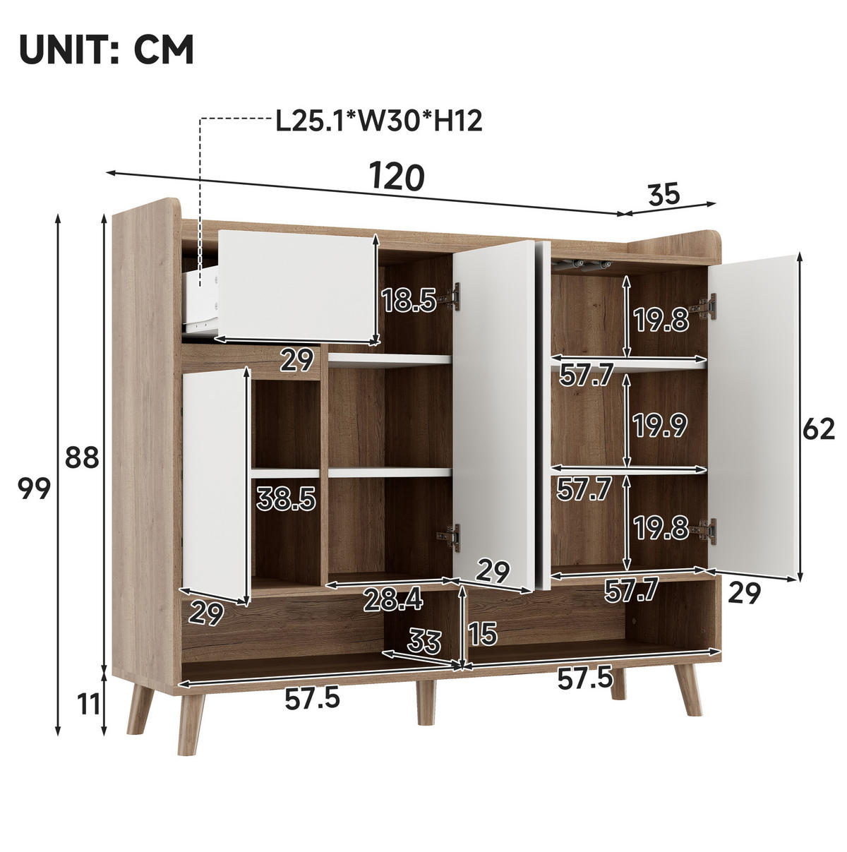 SIDEBOARD in Schwarz Schuhschrank mit 4 Türen und 1 Schubladen für Esszimmer, Wohnzimmer oder Küche, B120/T35/H99cm - Weiß/Naturfarben, Holzwerkstoff/Metall (120/99/35cm) - STILVORA