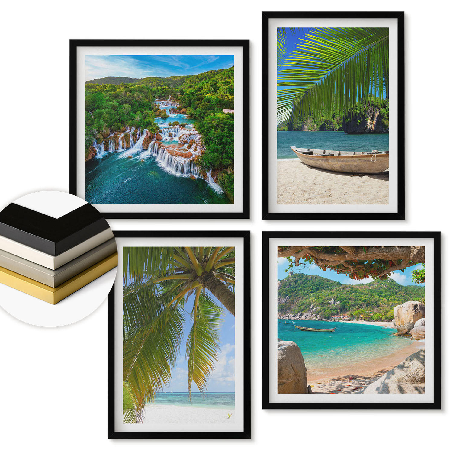 WANDBILDER 4er-Set - 50x50 cm & 40x60 cm Schwarzer Rahmen - Strand, Boot, Wasserfälle, Palmen - Schwarz, Kunststoff (50/50cm) - ArtPrintCave