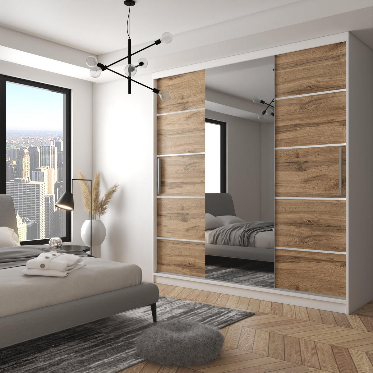 SCHWEBETÜRENSCHRANK Verona MT, Weiß/Goldbraun Matt, 200 cm, mit Spiegel - Braun, Holz (200/216/60cm) - B BELINI GROUP