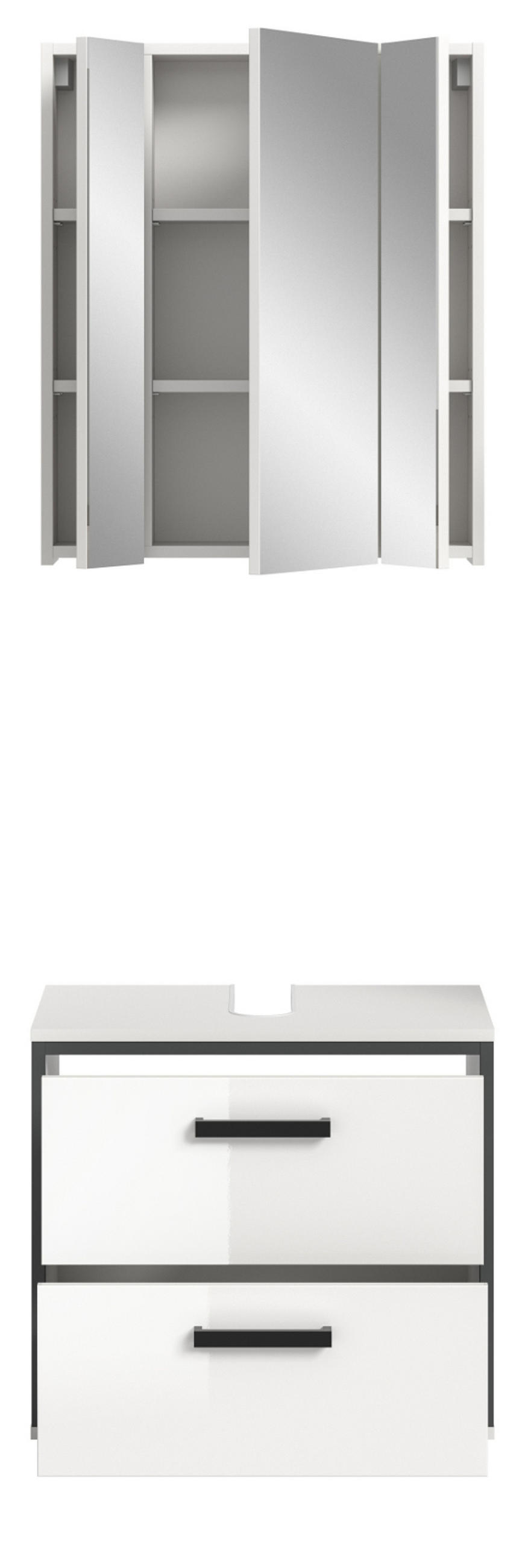 BADMÖBEL-SET 2-teilig weiß Hochglanz, grau, Badkombination 60 x 190 cm - Weiß Hochglanz/Schwarz, Glas/Holzwerkstoff (60/190/37.5cm) - Inn.Furn