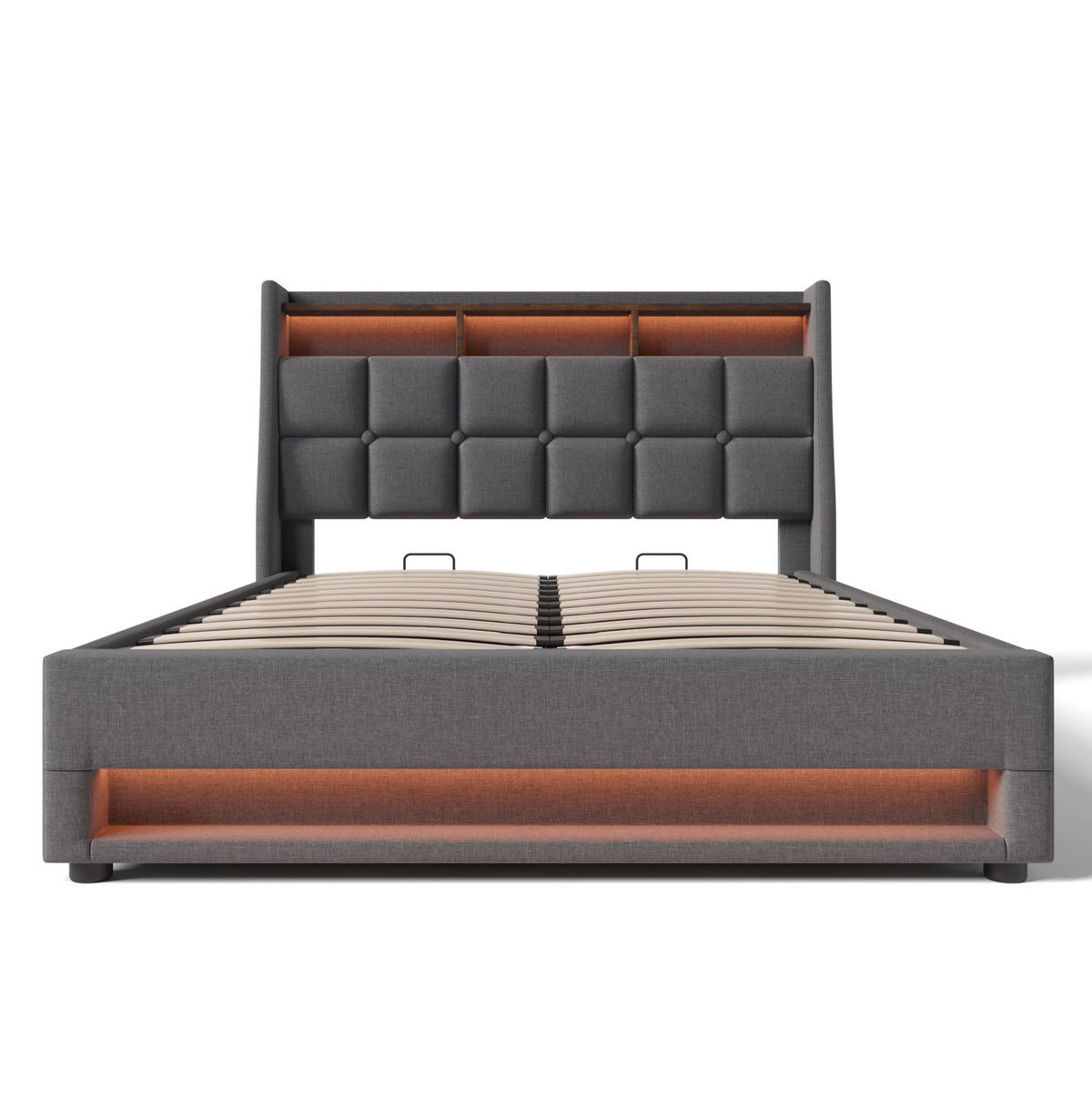 POLSTERBETT aus Leinenstoff 180x200 cm Grau mit LED-Beleuchtung, 2 USB-Anschlüssen und Bettkasten - Grau, Textil (180/200cm) - IVMEU