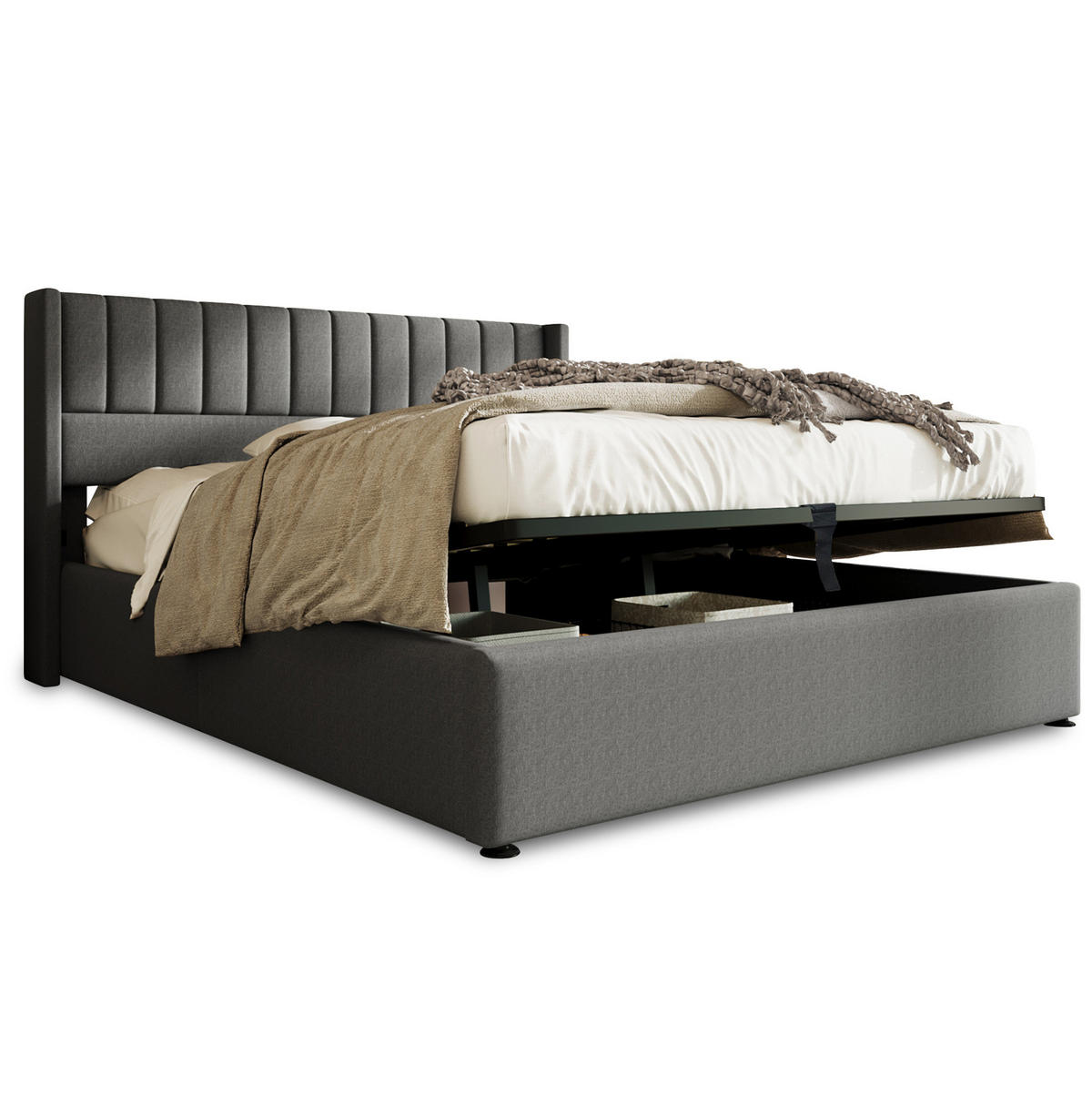 POLSTERBETT 160/200 cm grau mit hydraulischem Bettkasten und Lattenrost - Grau, Textil (160/200cm) - OKWISH