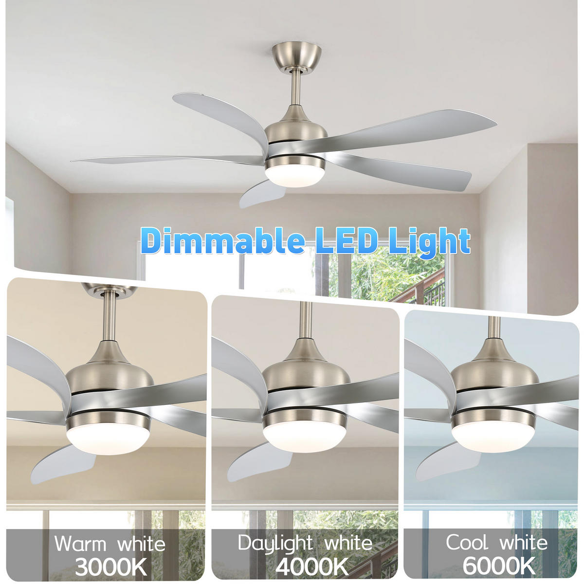 DECKENVENTILATOR 132cm LED Licht Leiser DC Motor 5 ABS Flügel - Weiß, Kunststoff (132.08/132.08/26.8cm) - CASIVA