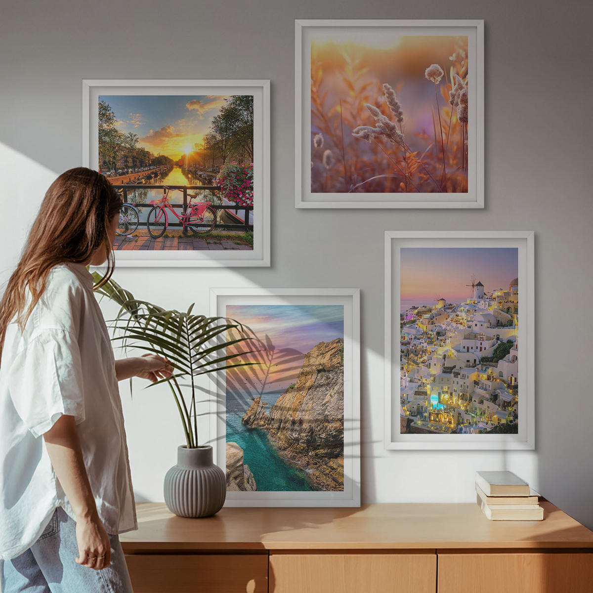 BILDER SET 4er Set - 50x50 cm & 40x60 cm Weißer Rahmen - Sonnenuntergänge am Meer - Weiß, Kunststoff (50/50cm) - TULUP