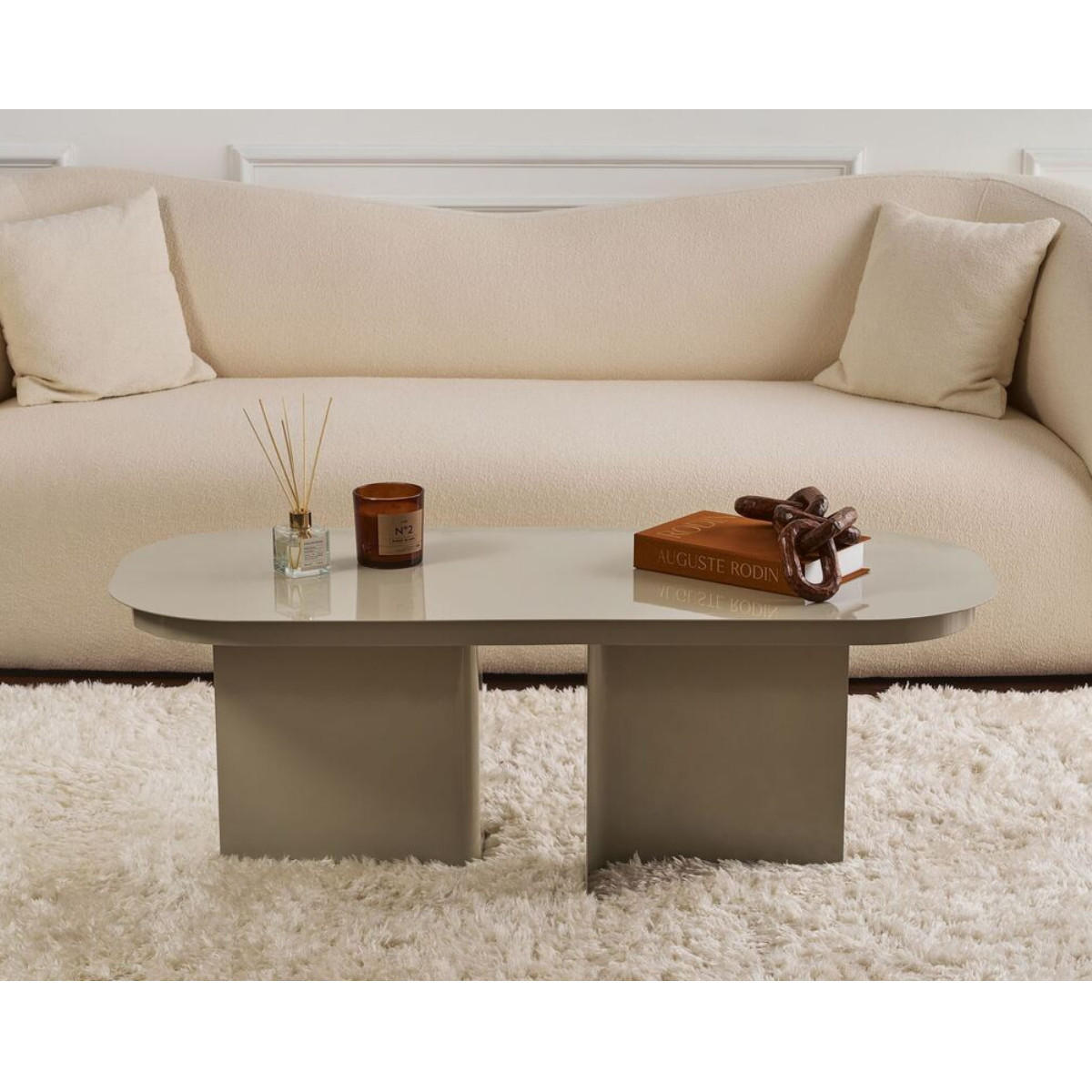 COUCHTISCH mit abgerundeter platte und 2 beinen 44/120/45 cm - Taupe, Metall (124/44/45cm) - Calicosy