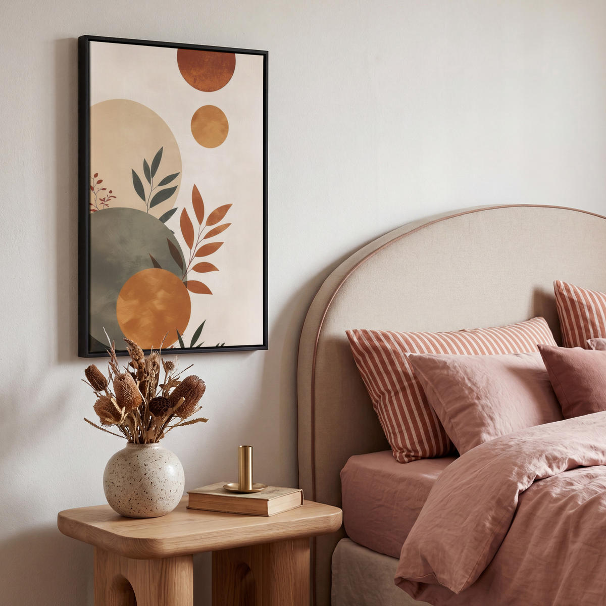 LEINWAND Bilder mit Rahmen - Formen - Rund - Blätter - Beige - 40x60 - Rostfarben, Textil (40/60cm) - MuchoWow