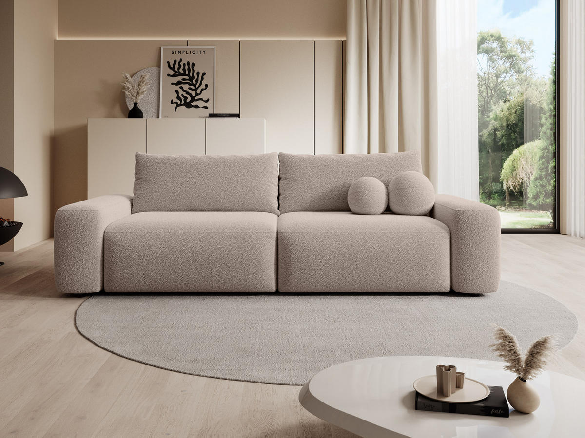 BETTSOFA RUOTA Beige Bucle-Stoff mit Schlaffunktion - Beige, Textil (105/87/257cm) - MASSENO