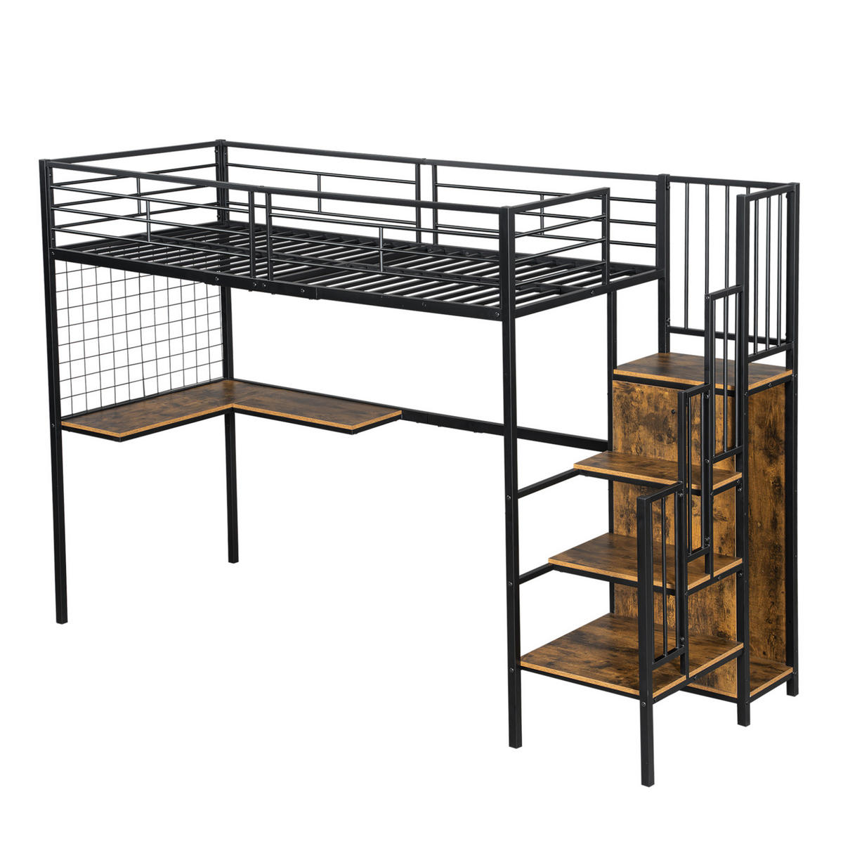 HOCHBETT 90/200 cm, Schwarz mit Kleiderschrank und seitlichen Holztreppen - Schwarz, Metall (90/200cm) - MIVRAY