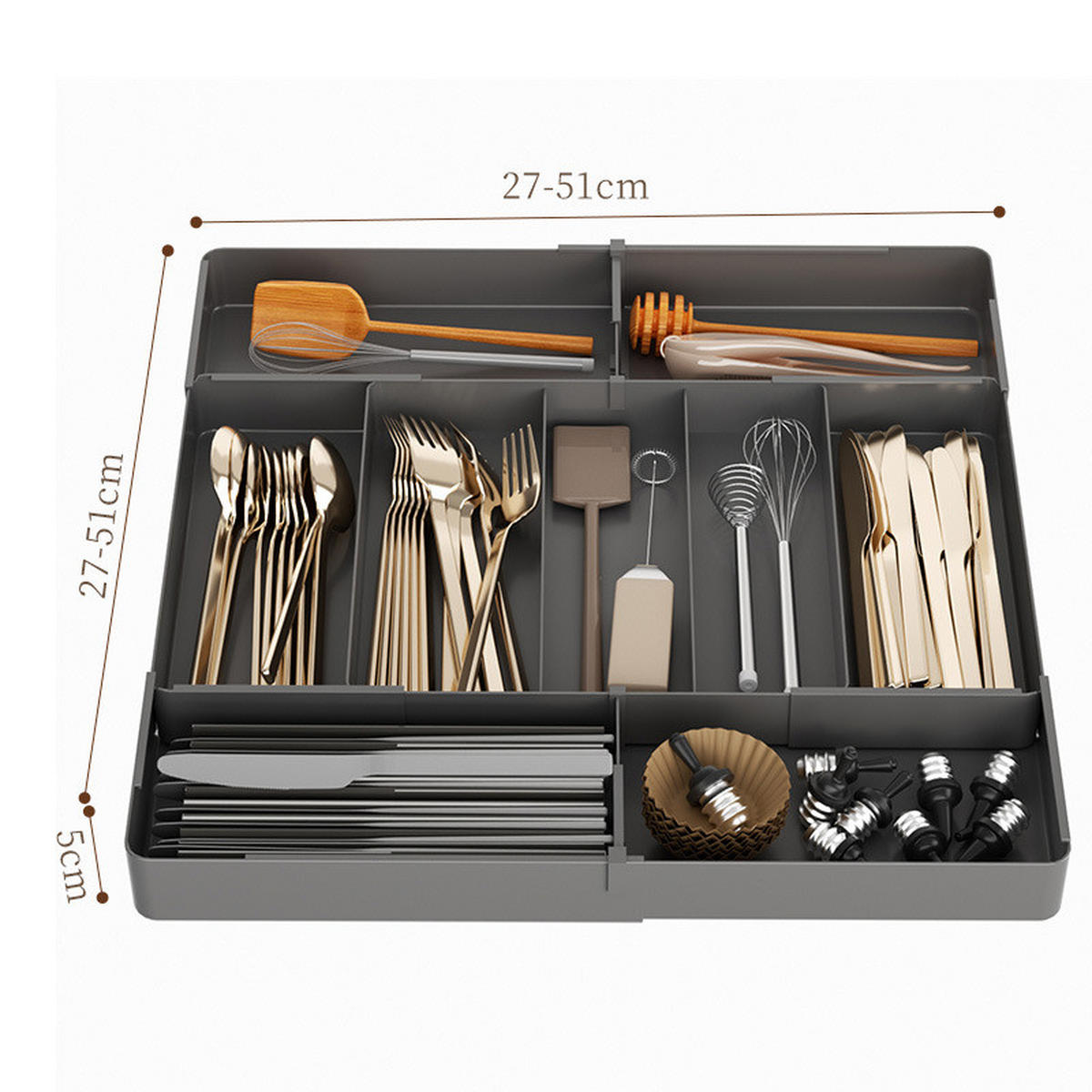 BESTECKEINSATZ,IN vier Richtungen Ausziehbar, (27–51) cm × (27–51) cm, Schwarz, Inklusive 2 Trennelementen. - Anthrazit, Kunststoff (51/5/51cm) - Weltevree
