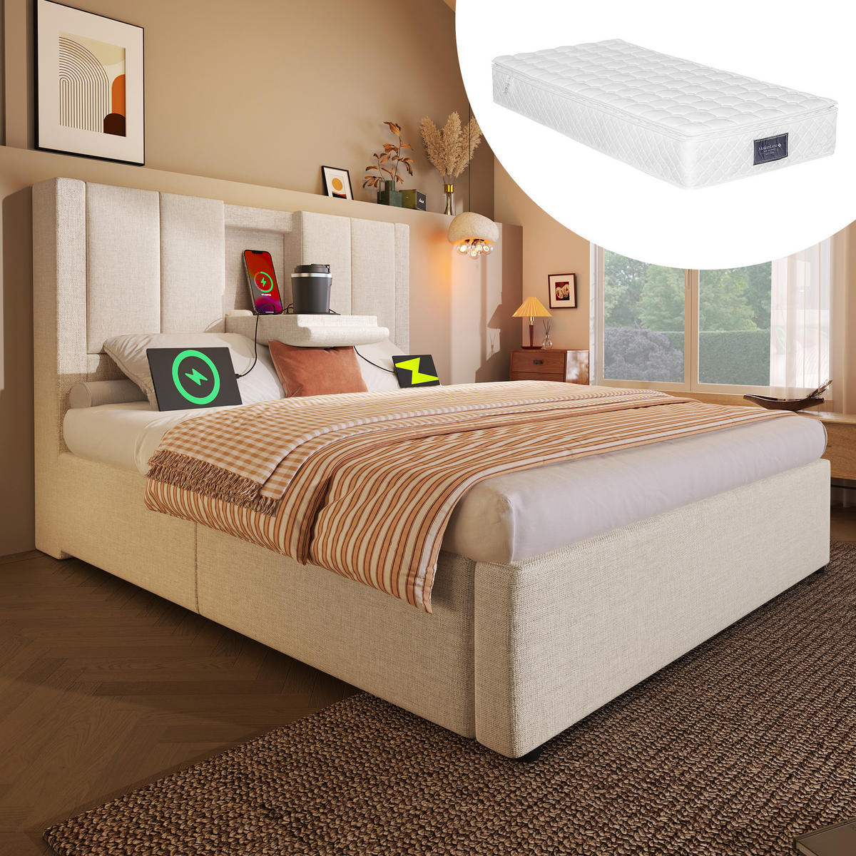 POLSTERBETT 90/200 cm Beige mit Stauraum und integrierter Ladestation mit Matratze aus Leinen - Beige, Textil (90/200cm) - OKWISH