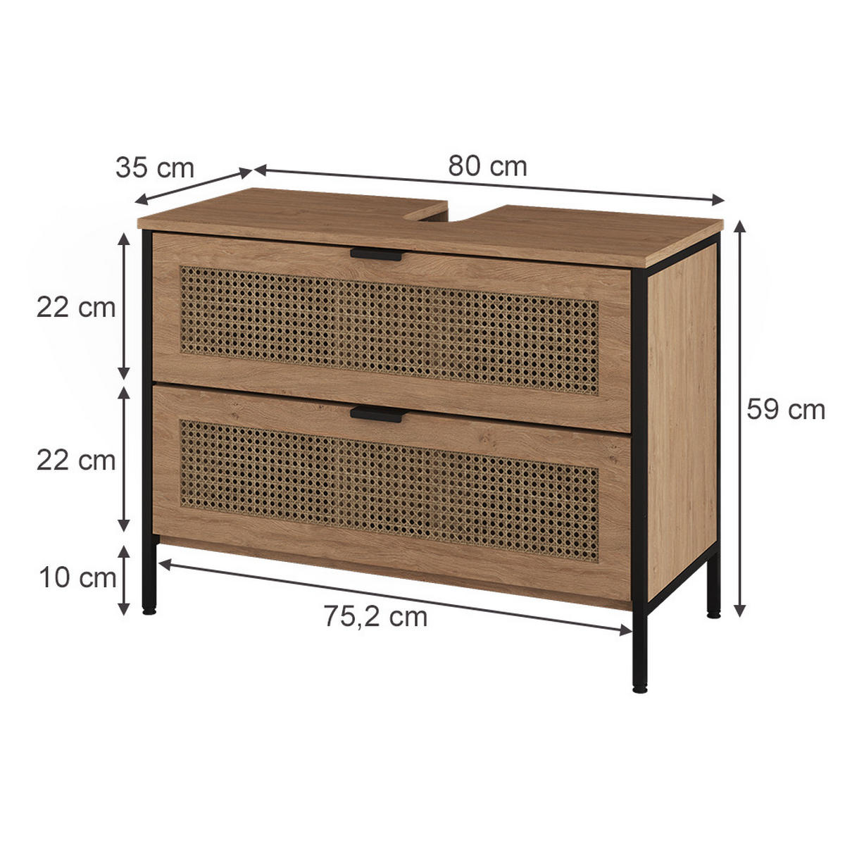 SPODNÁ SKRINKA POD UMÝVADLO Linara, dub/čierna, 80 x 59 cm - čierna/farba duba, kompozitné drevo (80/59/35cm) - Vicco