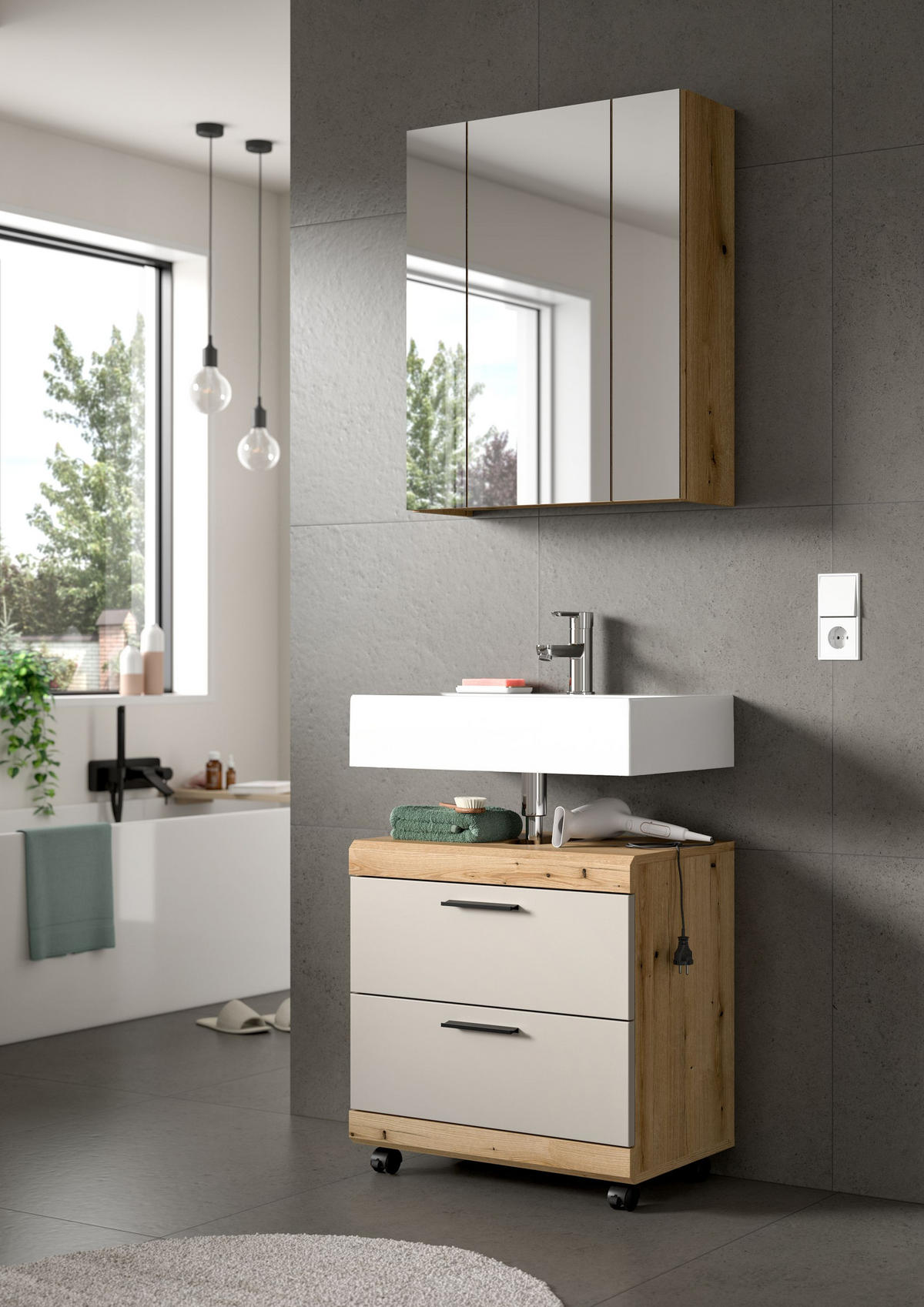 WASCHBECKENUNTERSCHRANK auf Rollen SCOUT (B/H/T: ca. 60/60/34 cm) in Evoke Oak Nachbildung/Kaschmir matt - Eichefarben, Holzwerkstoff (60/60/34cm)