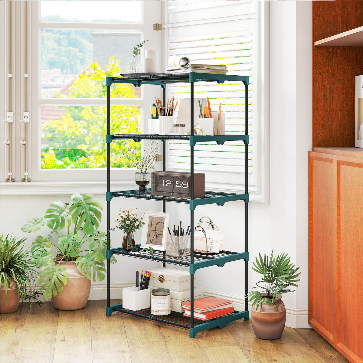 5-ETAGEN Pflanzenständer, 138 cm hoch Blumenständer für Innen Außen, Dunkelgrün - Dunkelgrün, Metall (49/138/67cm) - Outsunny