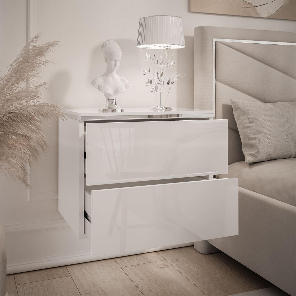 NACHTTISCH AURORA II SILVER Hochglanz Weiß mit LED-Beleuchtung – Hängend - Weiß Hochglanz, Holzwerkstoff (50/40/37cm) - Lookway