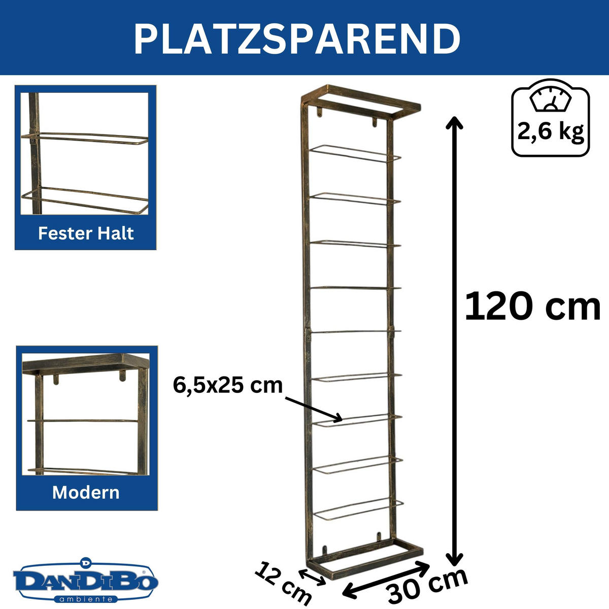 WEINREGAL Metall Wand Schwarz 120 cm - Schwarz, Metall (30/120/12cm) - DanDiBo