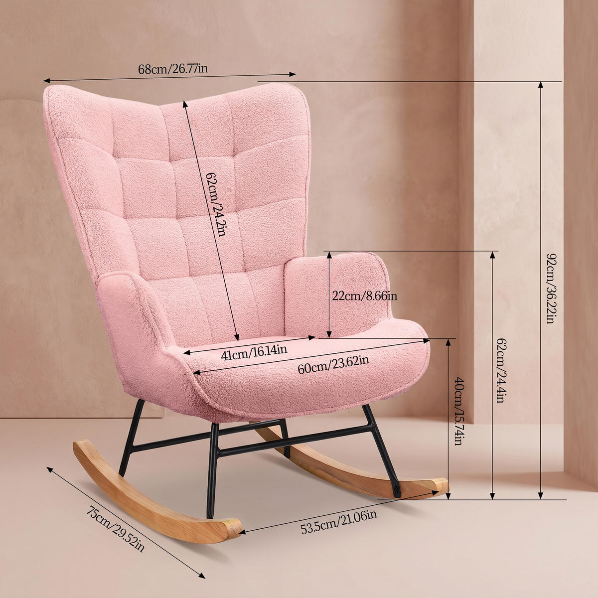 SCHAUKELSTUHL, Entspannend, Teddy-Velours, Belastbarkeit 120 kg, Rosa - Rosa/Kieferfarben, Holz/Textil (68/92/75cm) - GENKI LIVING