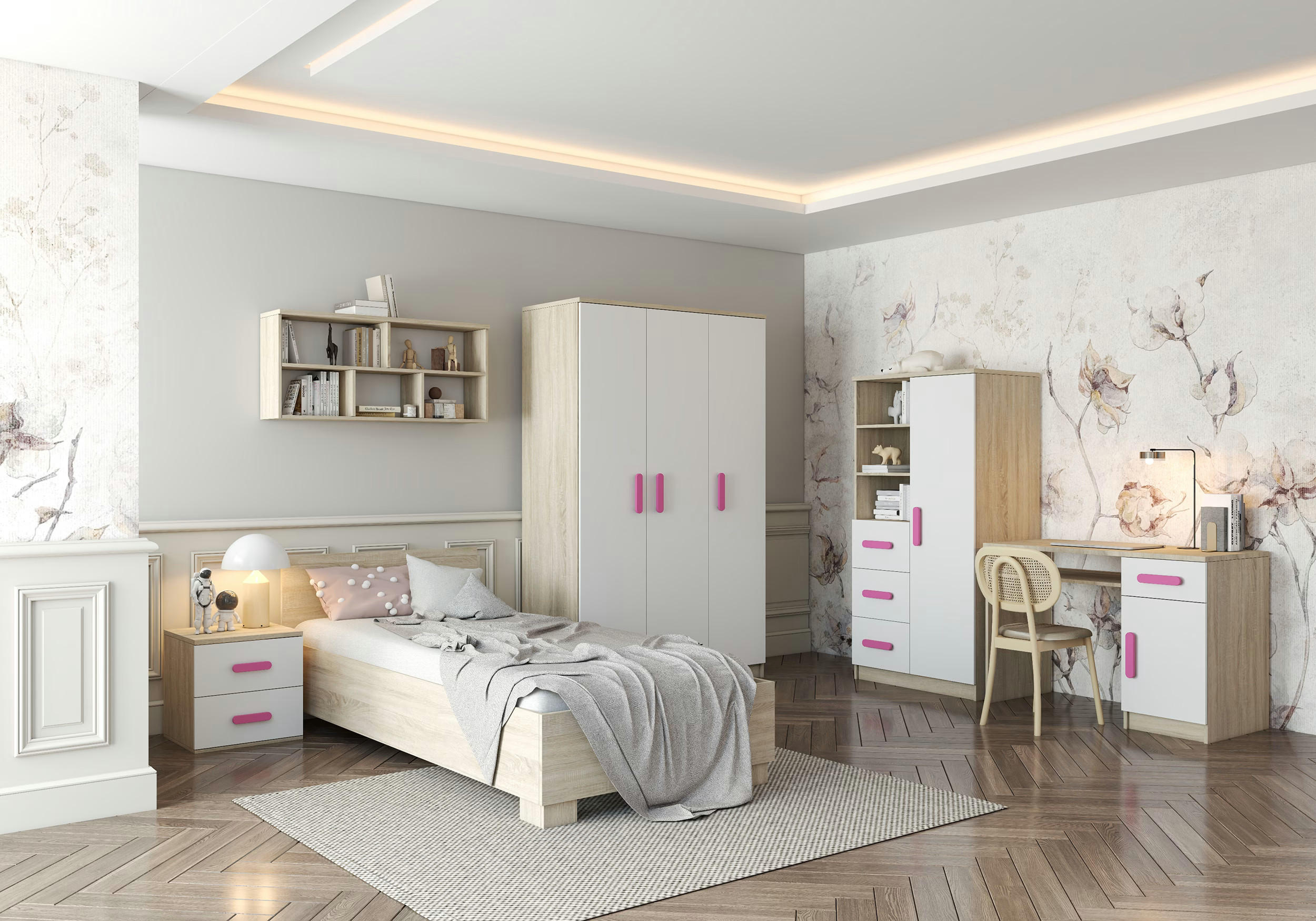 JUGENDZIMMER Elora in Eiche und Weiß – 6-teiliges Set – Grifffarbe Rosa - Braun, Holzwerkstoff (80/200/120cm)