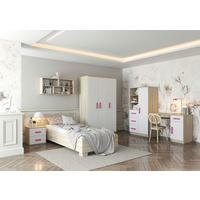 JUGENDZIMMER Elora in Eiche und Weiß – 6-teiliges Set – Grifffarbe Rosa - Braun, Holzwerkstoff (80/200/120cm)