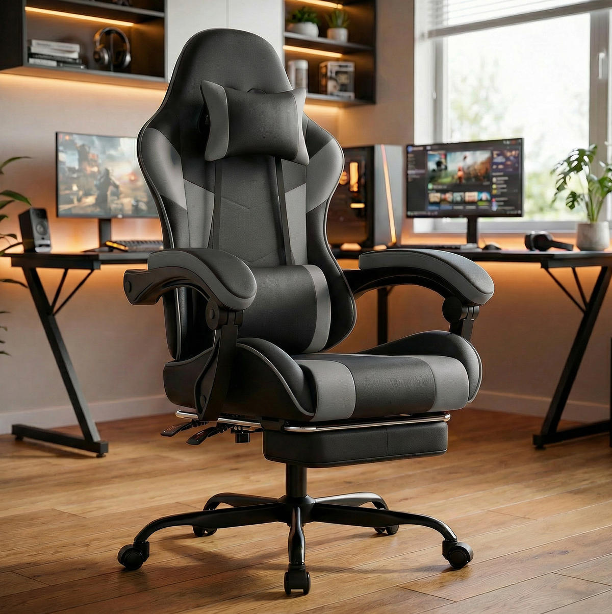 GAMING-STUHL ergonomisch verstellbar PVC Black Gray - Schwarz, Kunststoff (63/120.5/58.5cm) - Meubliv