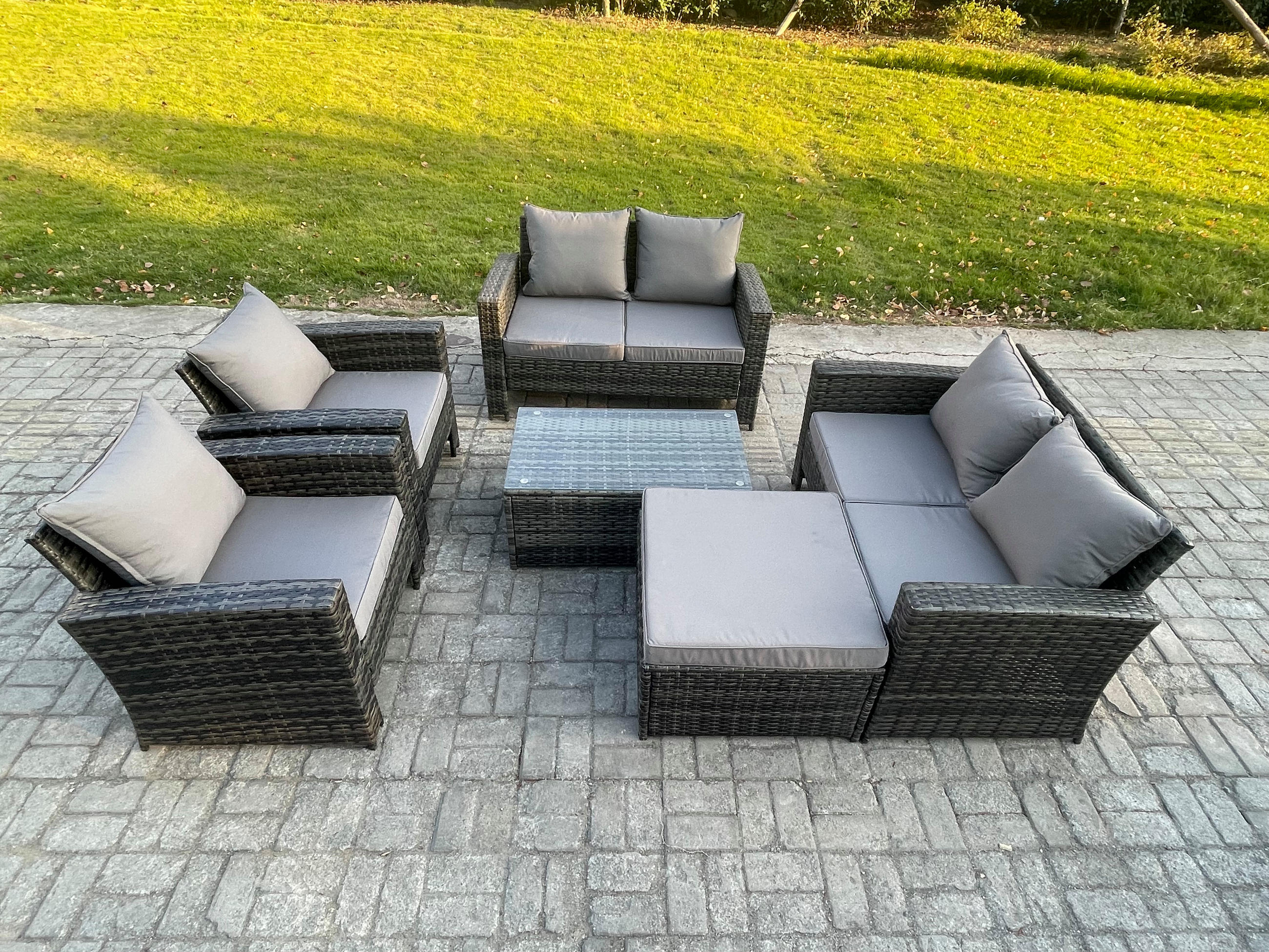 GARTENSOFA STUHL SET MIT COUCHTISCH HOCKER Polyrattan Dunkelgrau Gemischt 7-Sitzer - Dunkelgrau, Metall - Fimous