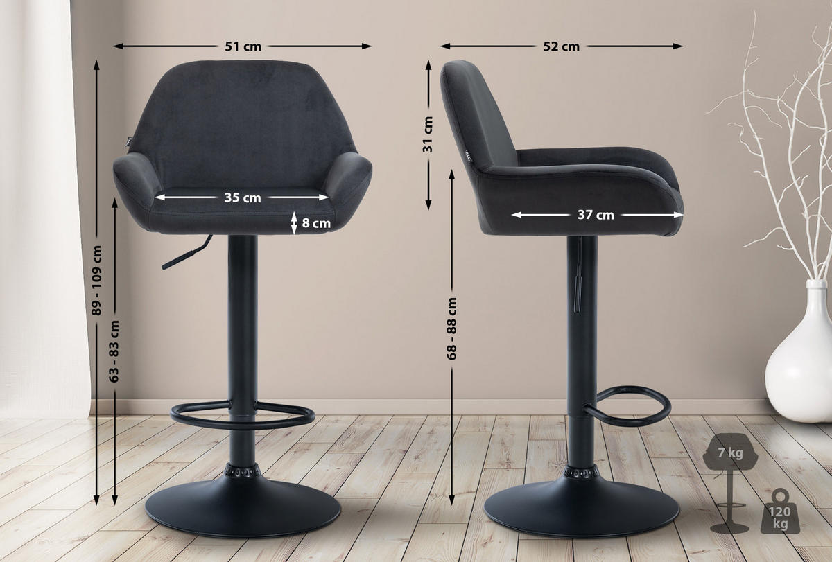 BARHOCKER 2er Set Samt Schwarz - Schwarz, Textil/Metall (51/89/52cm) - CLP