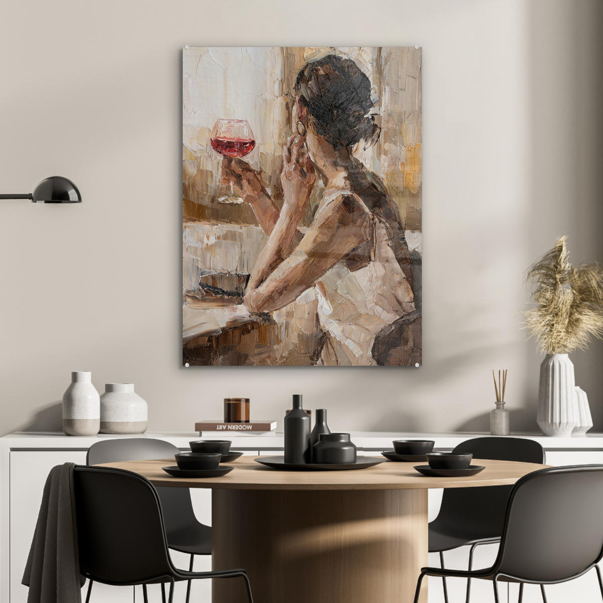 ACRYLGLASBILD Ölgemälde - Frau - Wein 60x80 cm - Hellbraun, Glas (60/80cm) - MuchoWow