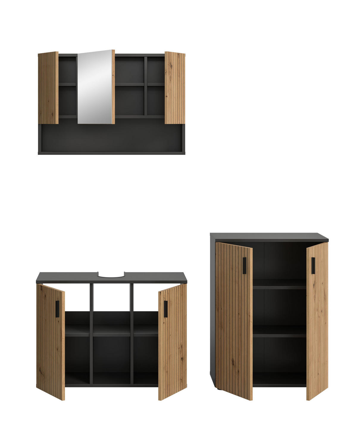 BADEZIMMER Mira 3 tlg. (B/H/T: ca. 155/180/30 cm) in Basalt grau/Artisan Oak - Grau, Holzwerkstoff (155/180/30cm)