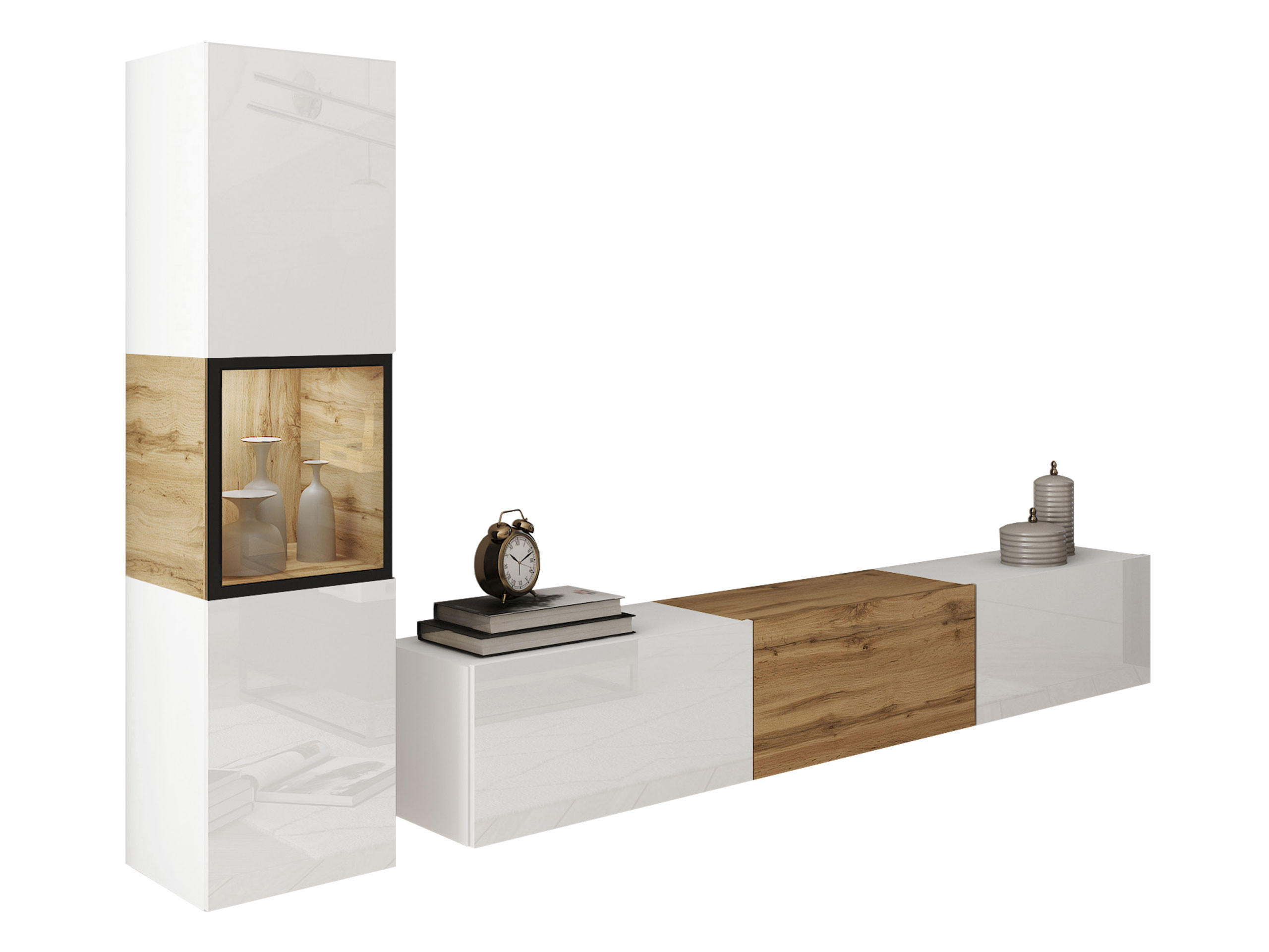 WOHNWAND Berlin I mit weißer LED Beleuchtung - Weiß Hochglanz/Eiche Wotan, Holzwerkstoff/Kunststoff (180/30/33cm) - MIRJAN24
