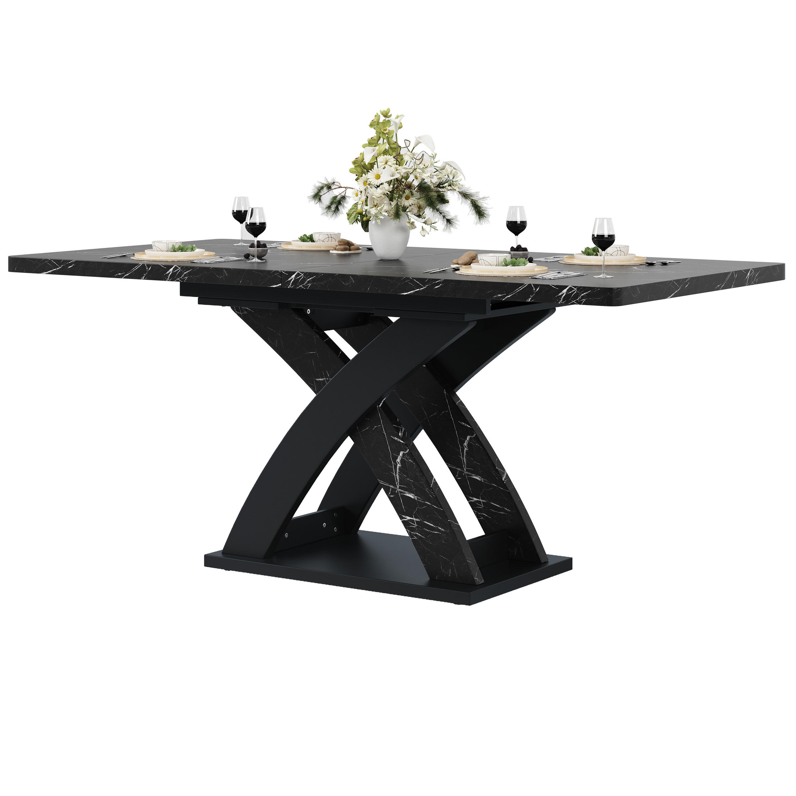 ESSTISCH ausziehbar aus Holz mit X-Gestell Schwarz 120–160 cm - Schwarz, Holzwerkstoff/Metall (160/80/75cm) - EVRYAE