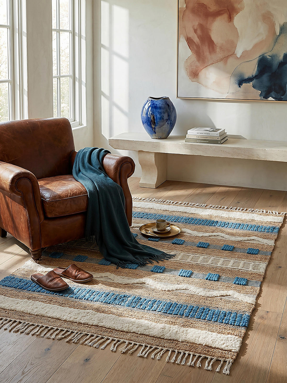 TEPPICH Hoch-Tief Struktur Gestreift, Ethno-Stil, mit Fransen wendbar, Esszimmer Natur-Blau Rechteckig 120x170 - Blau, Textil (170/120cm) - KADIMA DESIGN