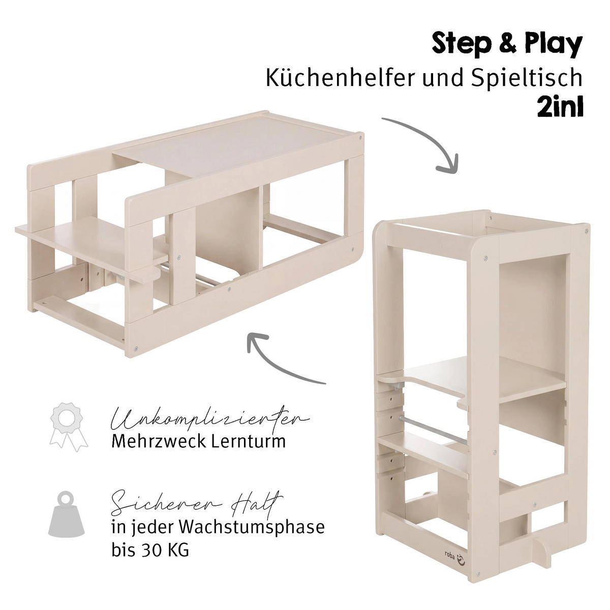 LERNTURM Step & Play 2in1 - Kaschmir, Holzwerkstoff/Metall (50.5/85/40cm) - Roba