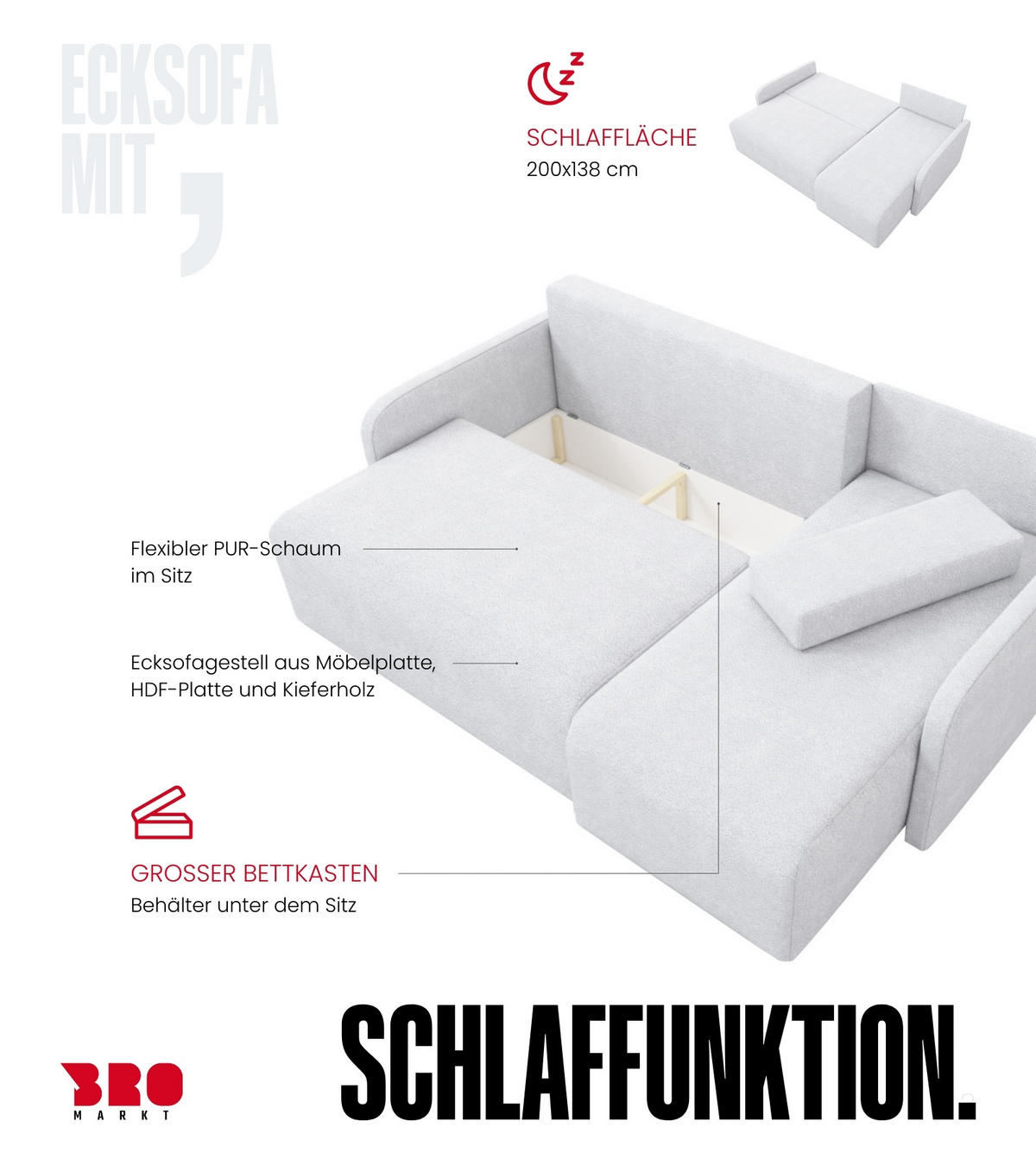 ECKSOFA Malen mit Schlaffunktion Beige Bouclé - Weiß, Textil (215/141cm) - Bromarkt