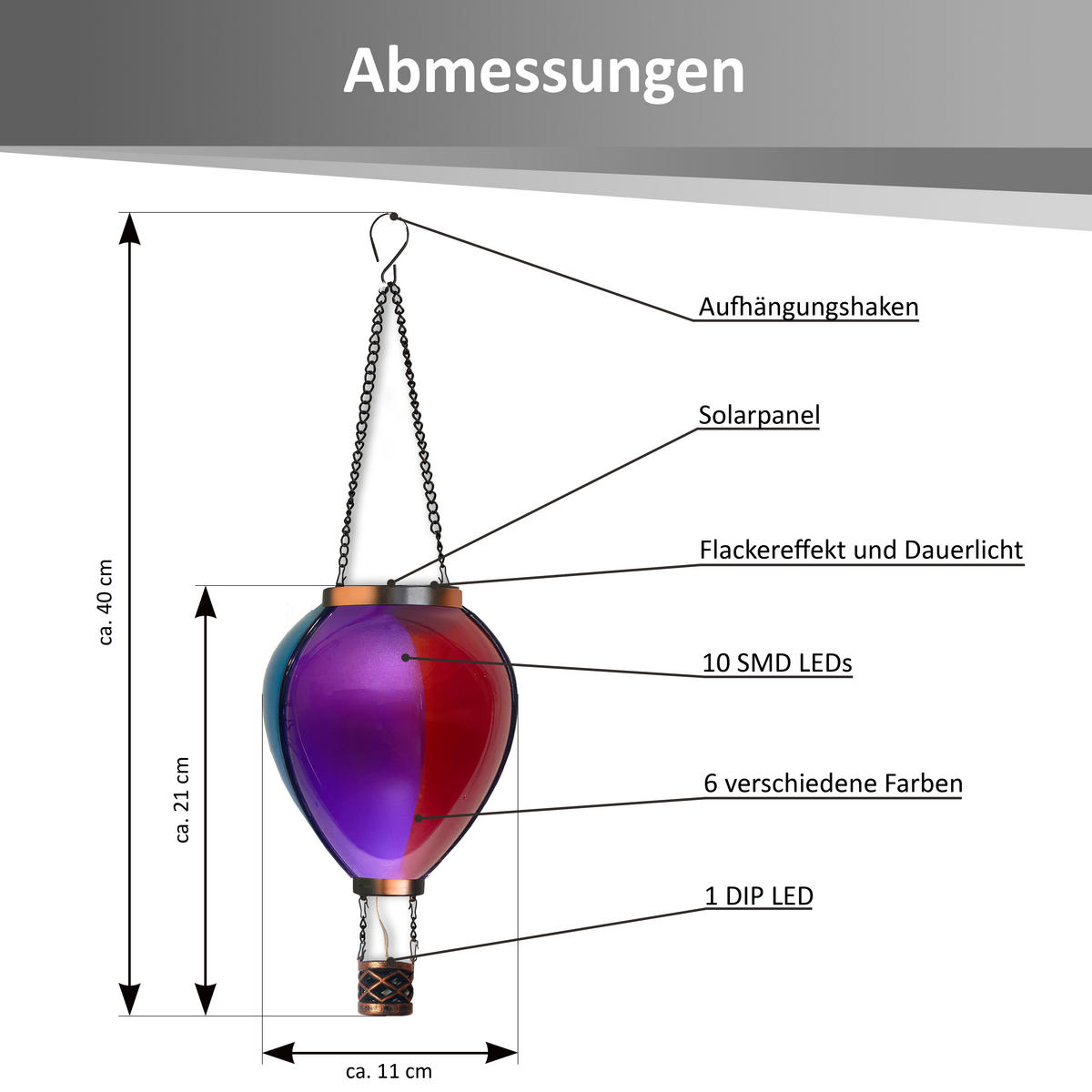LED-SOLAR-HEISSLUFTBALLON Bunt Kunststoff Ø 11 x 40 cm 3er-Set - Multicolor, Kunststoff (11/11/40cm) - Northpoint