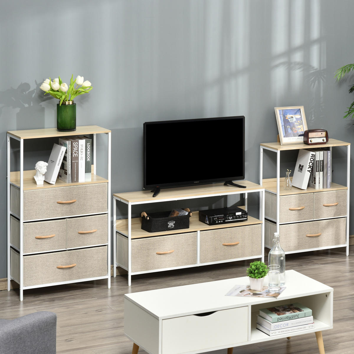 TV-LOWBOARD Naturfarben/Weiß/Grau 98/29/56 cm, 2 Stoffschubladen, Metallgestell - Hellgrau, Holzwerkstoff (98/56/29cm) - PANGIVO