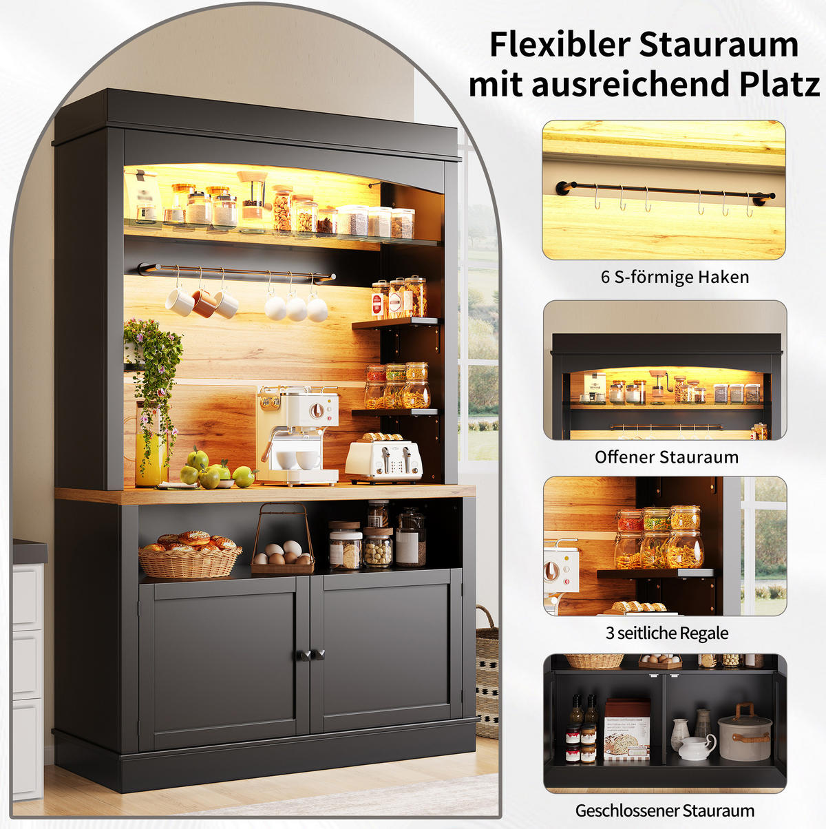 KÜCHENSCHRANK mit LED 107x43x184 cm MDF Metall Schwarz - Schwarz, Metall (43/184/107cm) - Meubliv