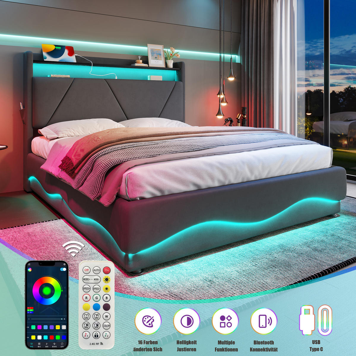 POLSTERBETT 160/200 cm mit LED-Beleuchtung, USB- und Type-C-Anschluss, Bettkasten und Regal, Dunkelgrau - Dunkelgrau, Textil (160/200cm) - Redom