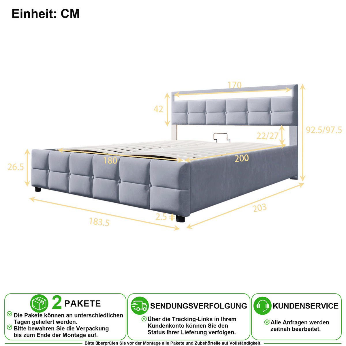 POLSTERBETT 180/200 cm in Grau Samt mit Stauraum und LED - Grau, Holzwerkstoff/Textil (180/200cm) - CHICFURN