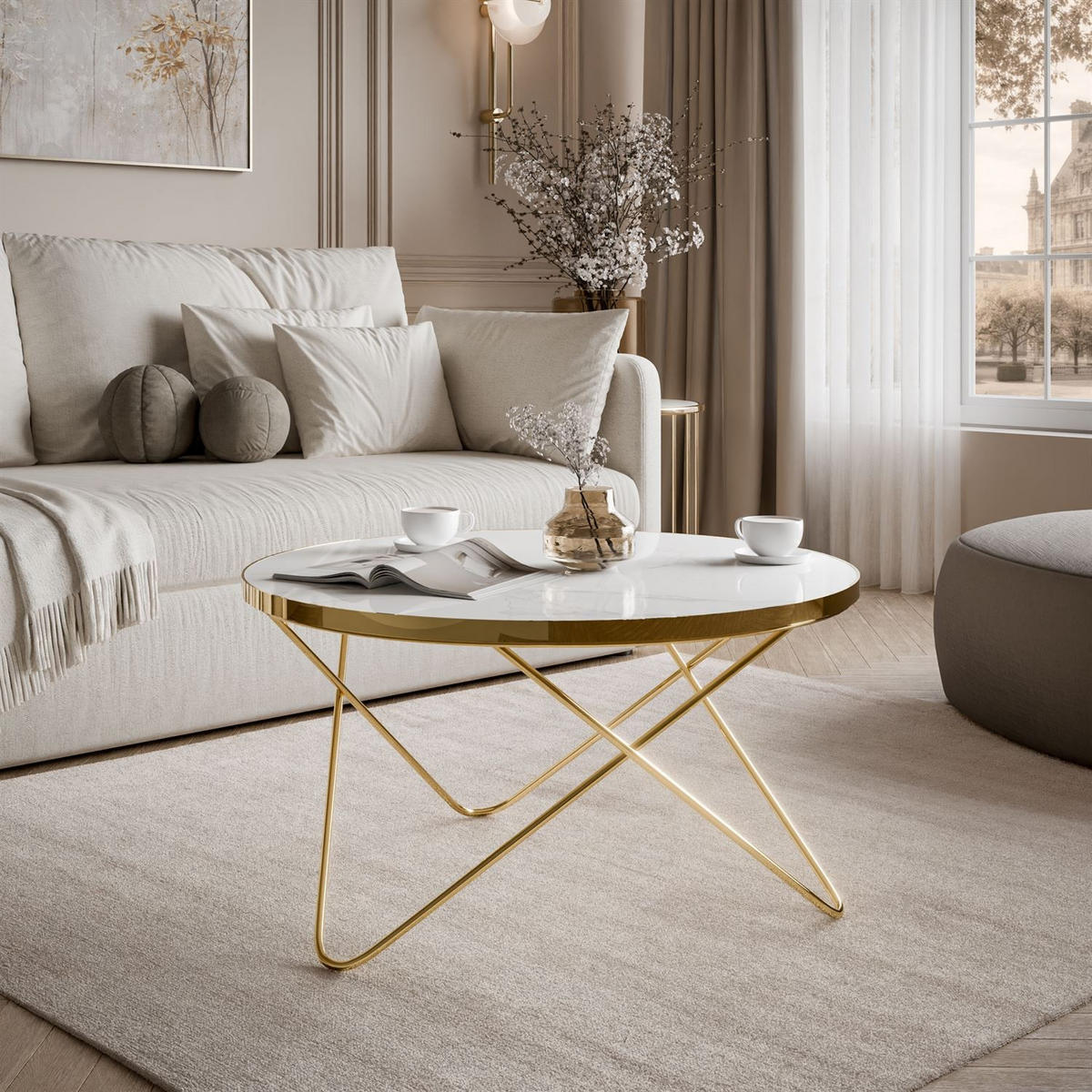 COUCHTISCH NORIEL mit goldenem Gestell und Marmorplatte - Weiß, Holzwerkstoff (80/80/39cm) - Lookway