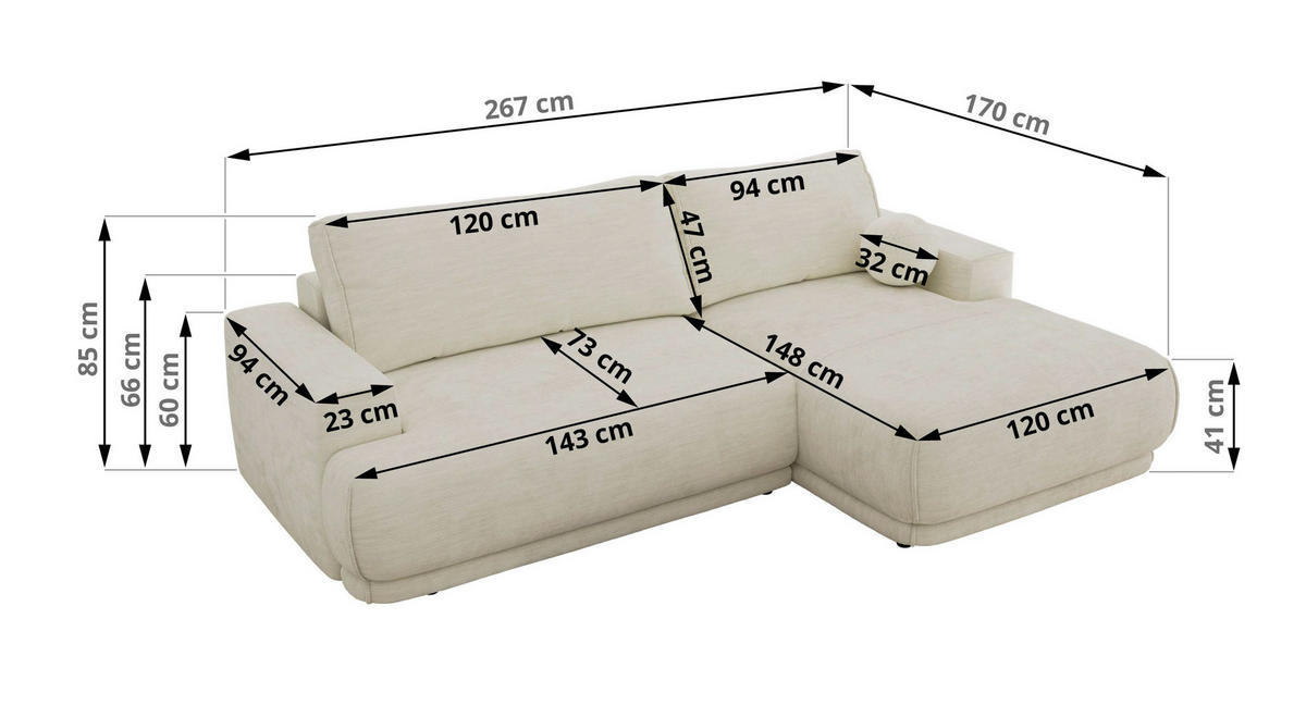 ECKSCHLAFSOFA RINA L Creme Schenille glatt - links - Creme/Schwarz, Kunststoff/Textil (267/170cm) - MKS